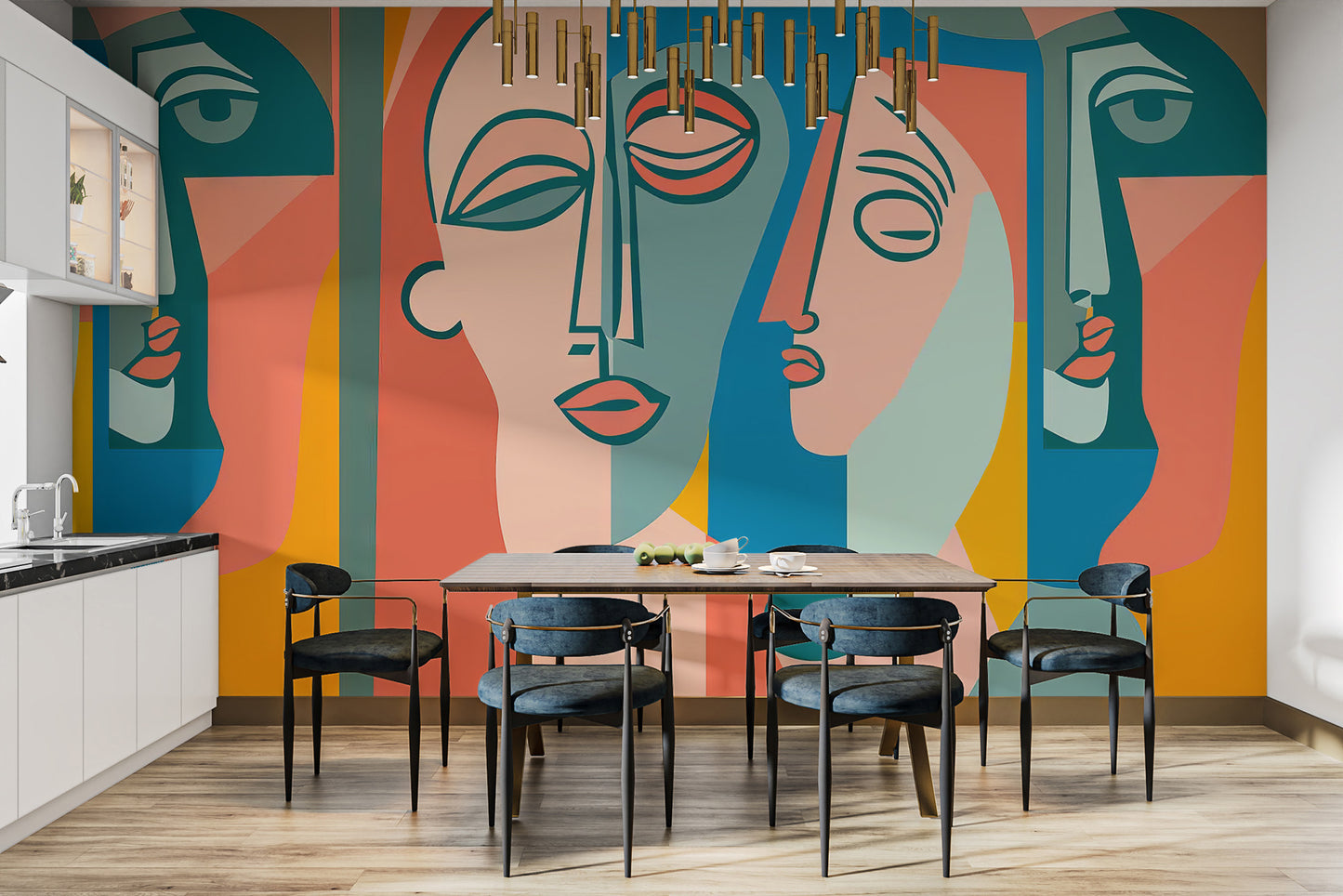 Unique mural featuring a blend of faces in bold, bright tones
