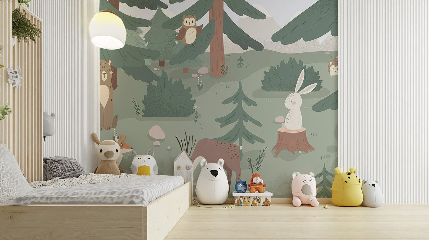 Charming mural featuring forest animals in a natural setting
