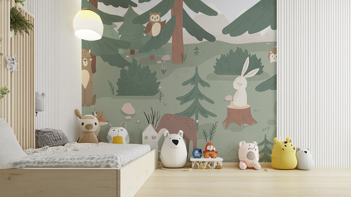 Charming mural featuring forest animals in a natural setting
