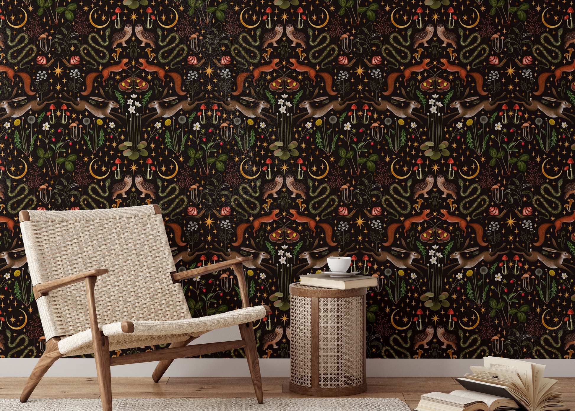 Owl, flowers, and mushrooms wallpaper for fun interiors