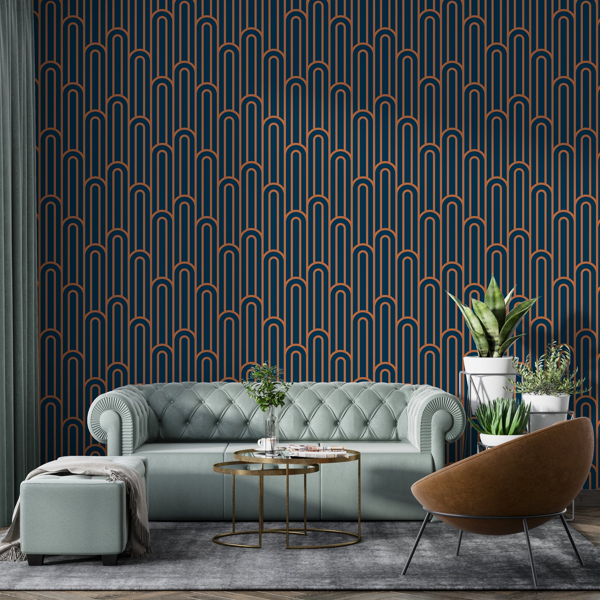 Chic orange abstract wallpaper with arches.