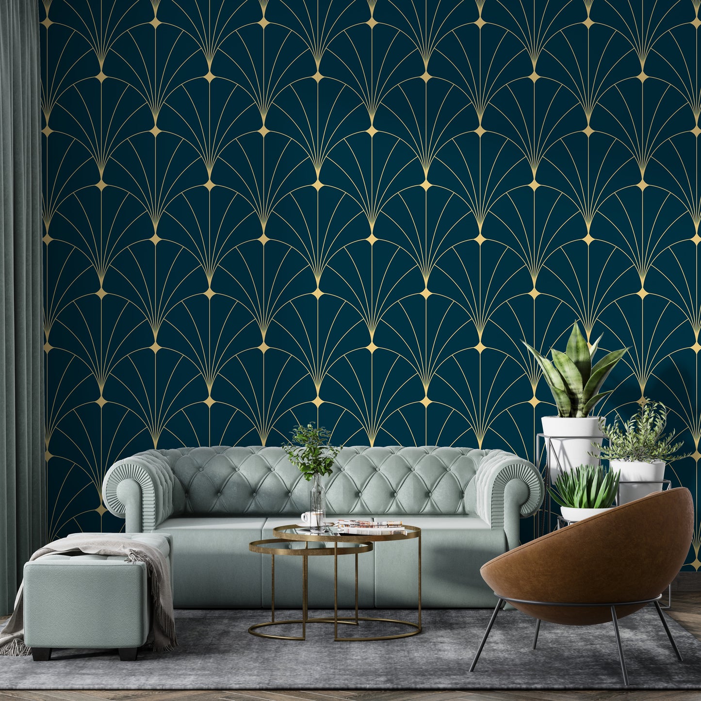 Dark blue Art Deco abstract pattern wallpaper.