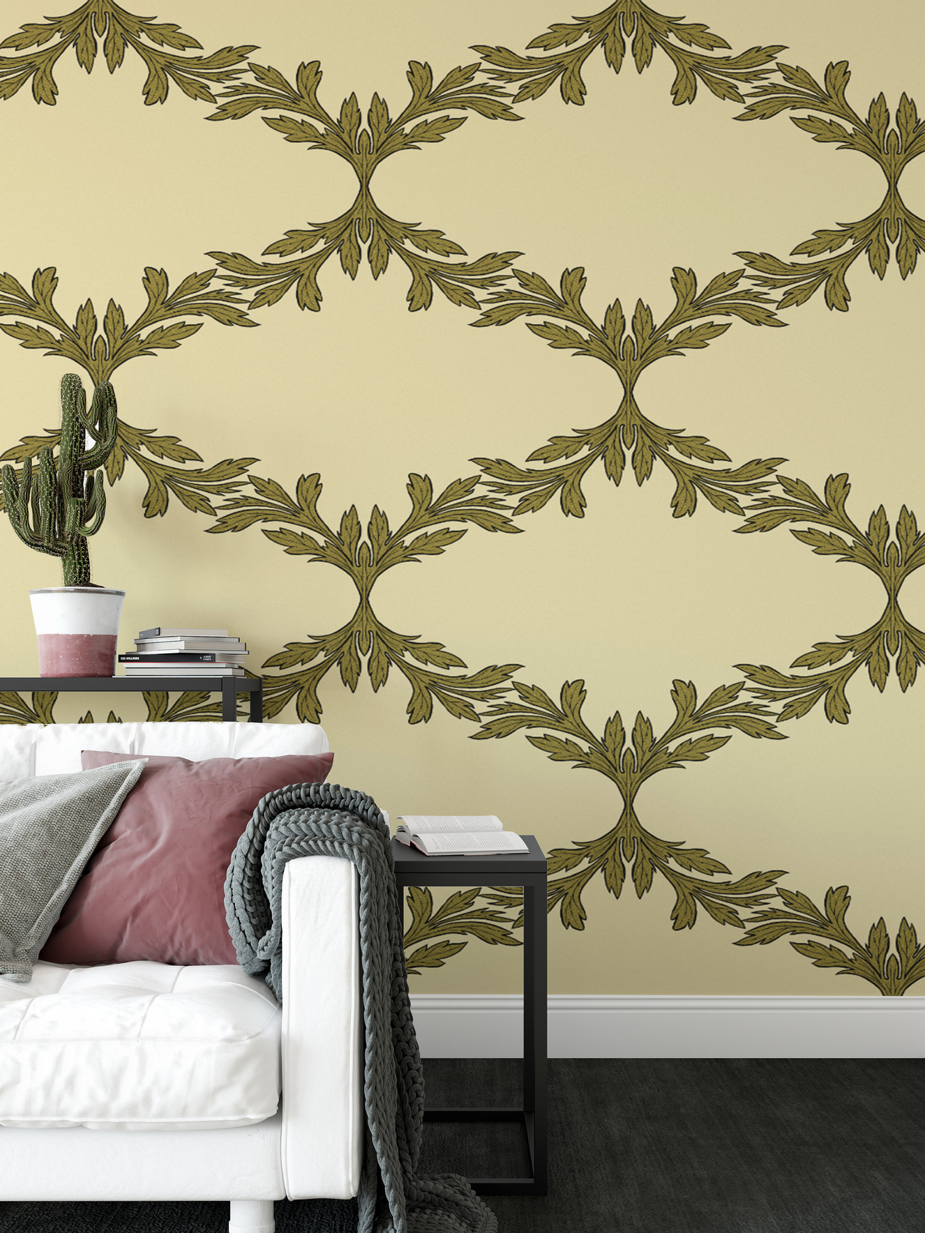 Elegant wallpaper featuring a classic acanthus trellis design
