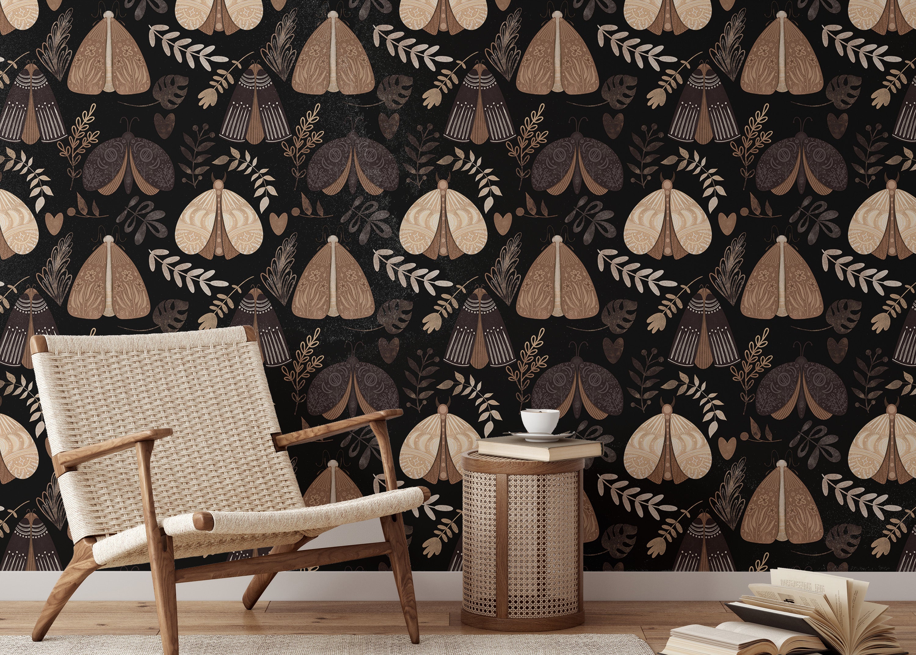 Mystical wallpaper featuring moths and elegant florals