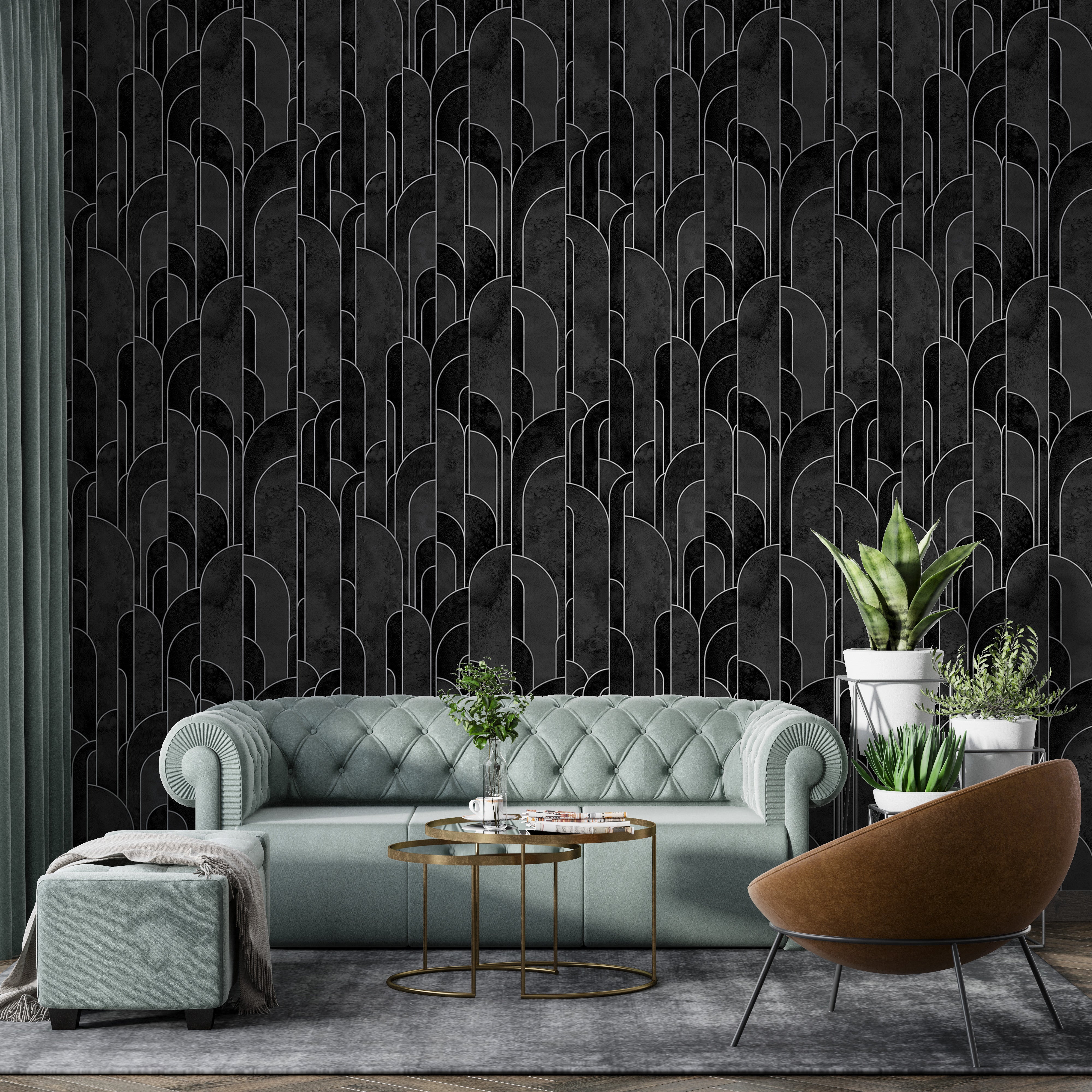 Minimalist black Deco repeat wallpaper patterns.