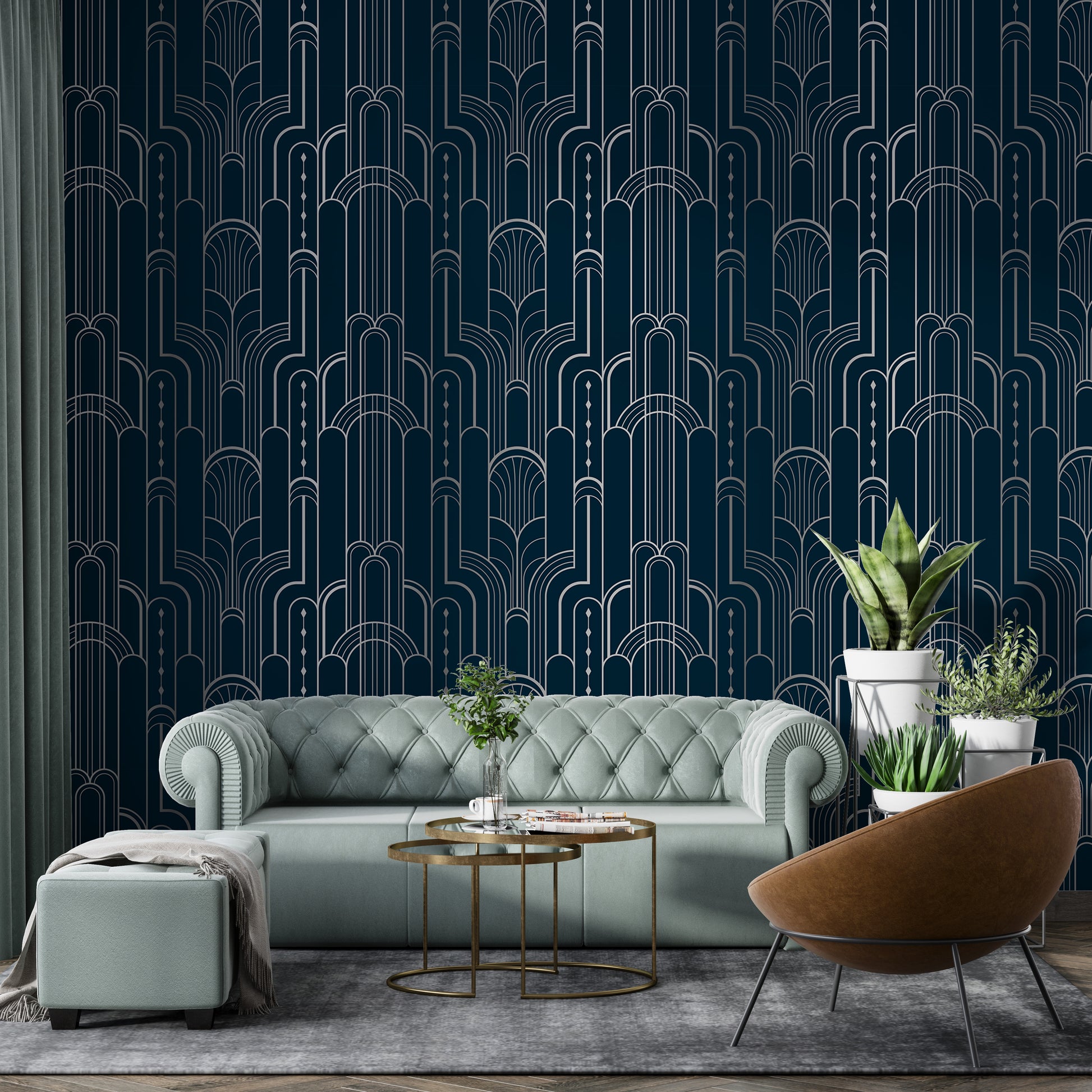 Elegant silver accents on dark blue Deco wallpaper.