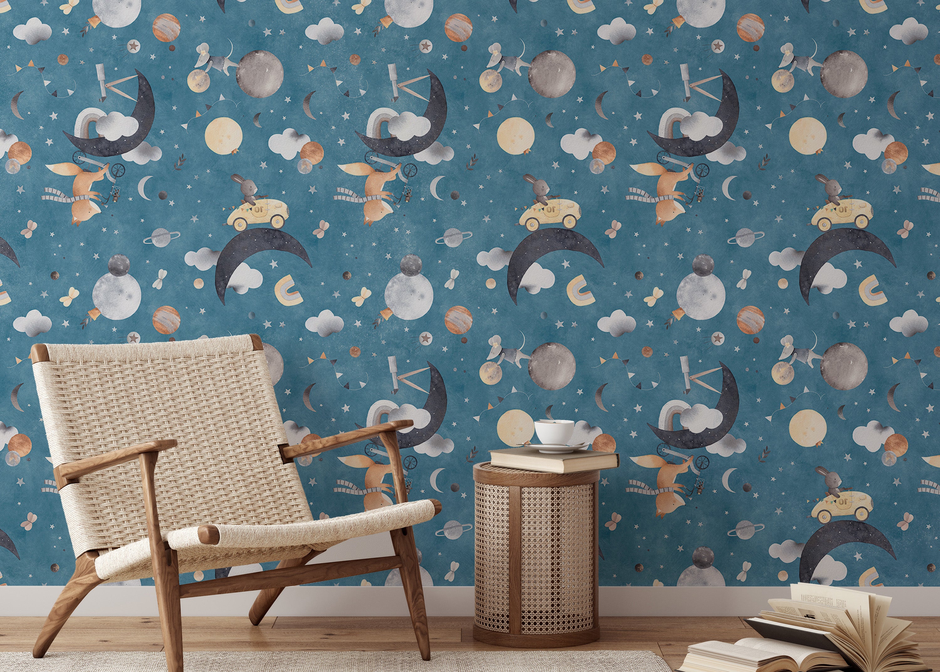 Blue wallpaper featuring fox and mouse playing in clouds