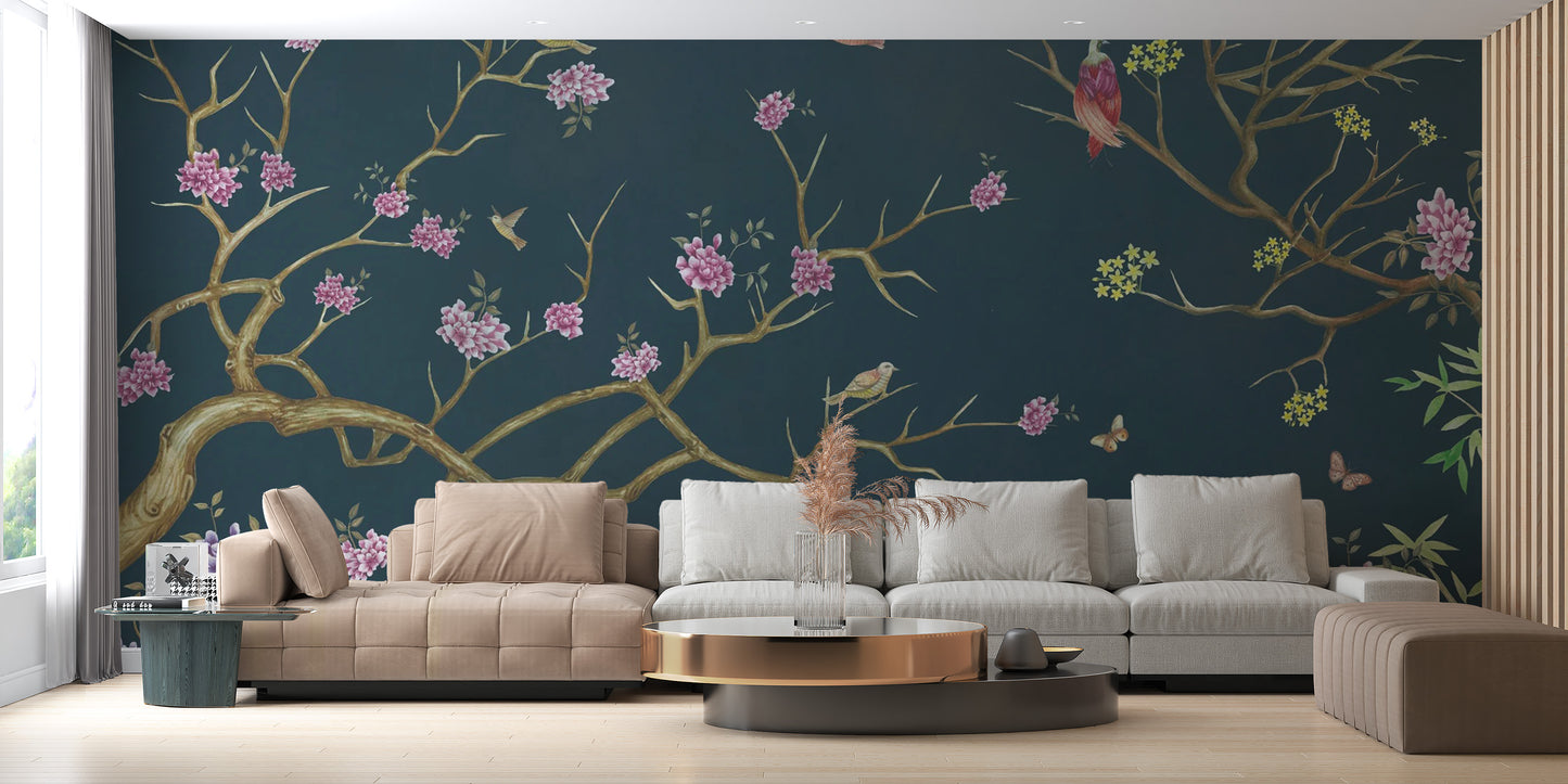 Elegant dark blue chinoiserie mural for classic decor
