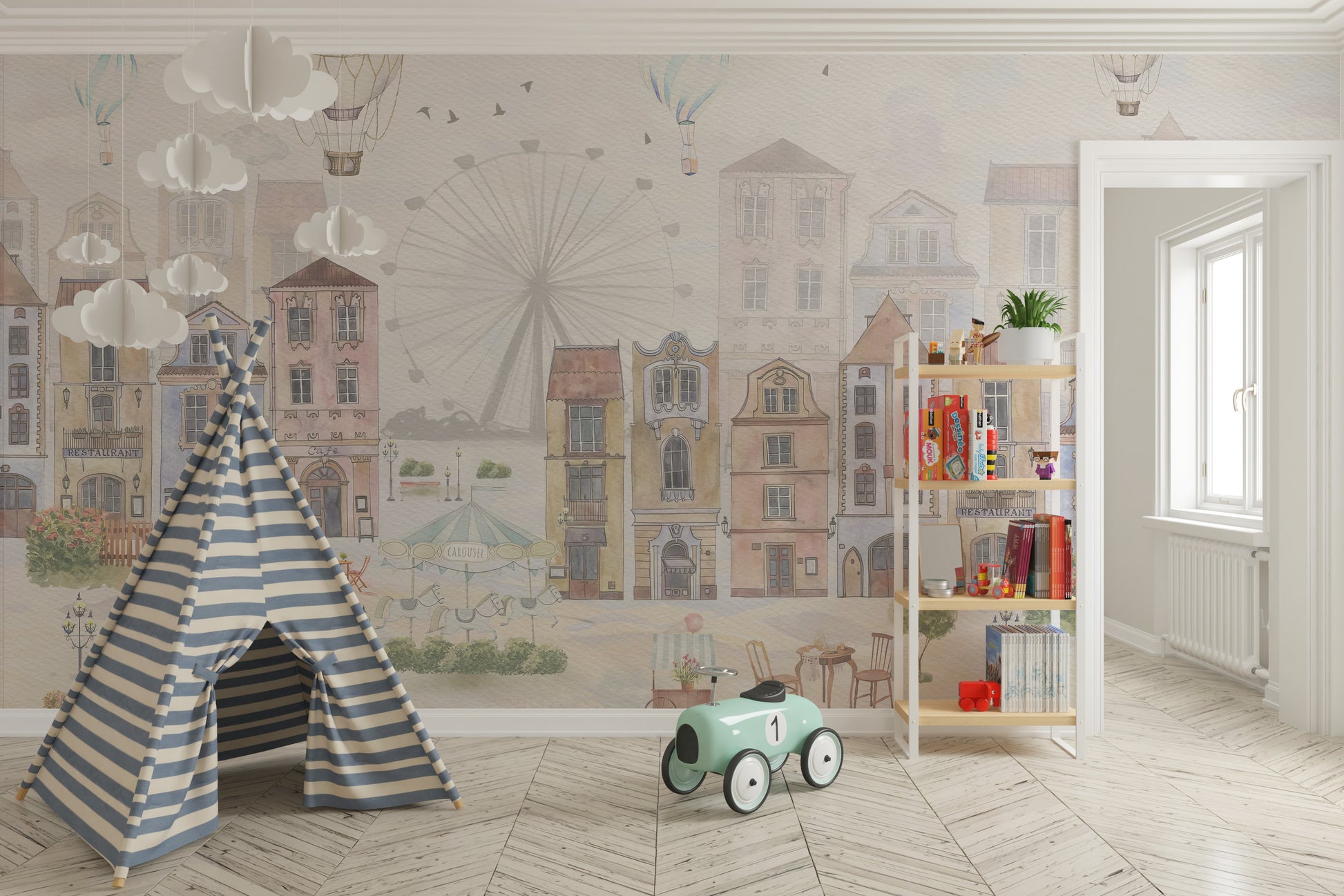 Old city kids room wallpaper with charming historic buildings
