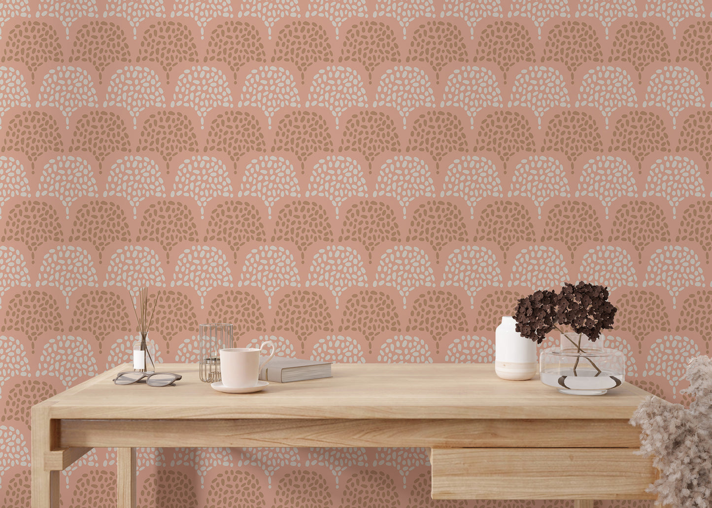 Soft pink pastel Boho wallpaper with repeat patterns.