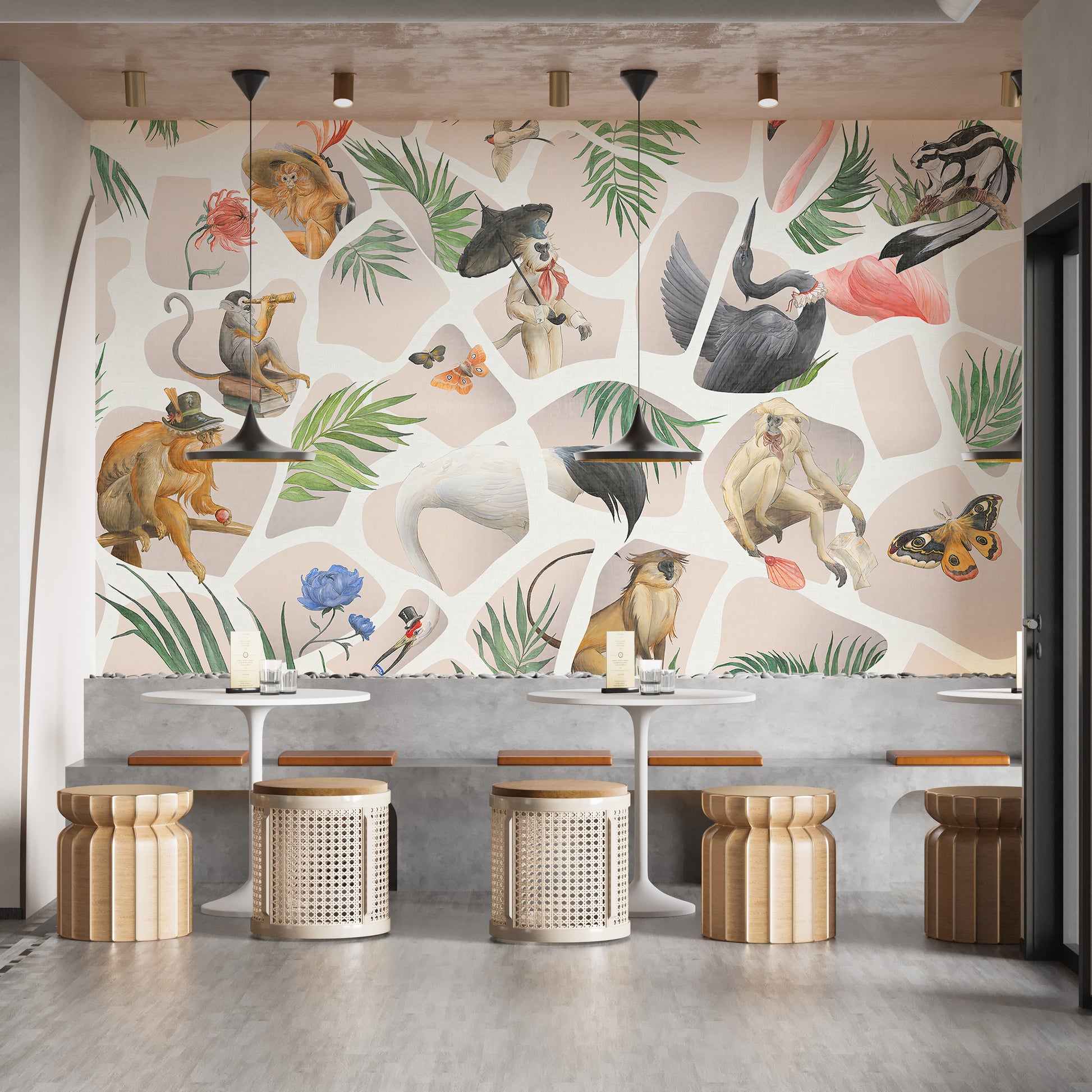 Artistic mural showcasing monkeys, birds, and floral elements