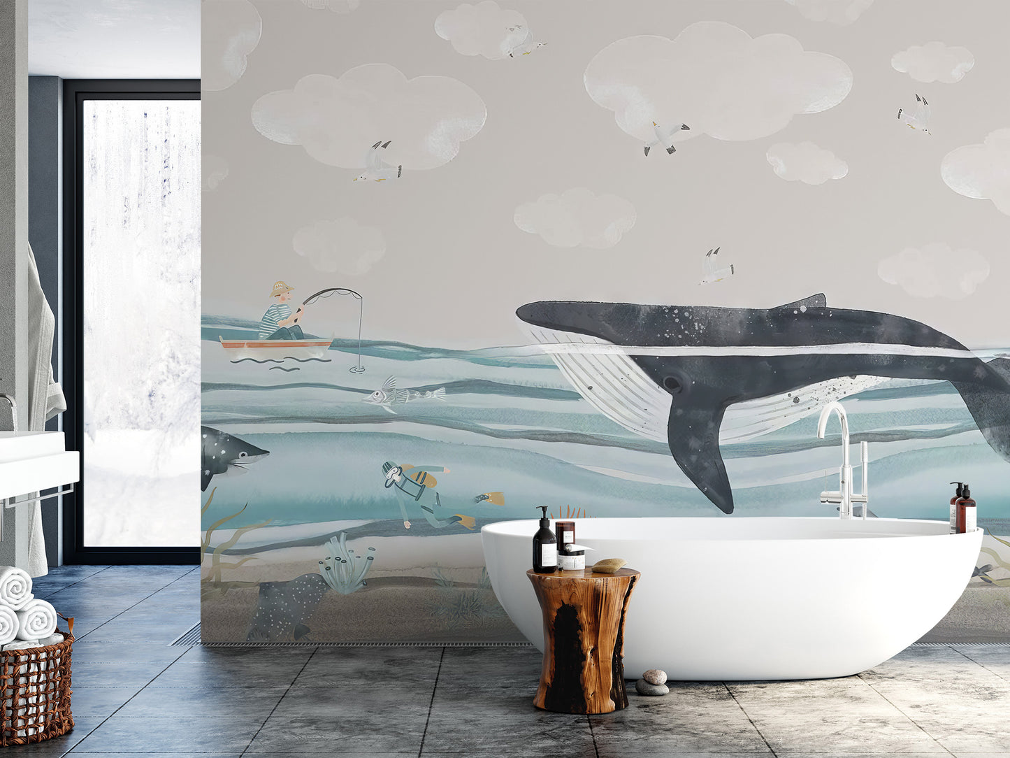 Whimsical mural featuring a giant whale swimming through the ocean
