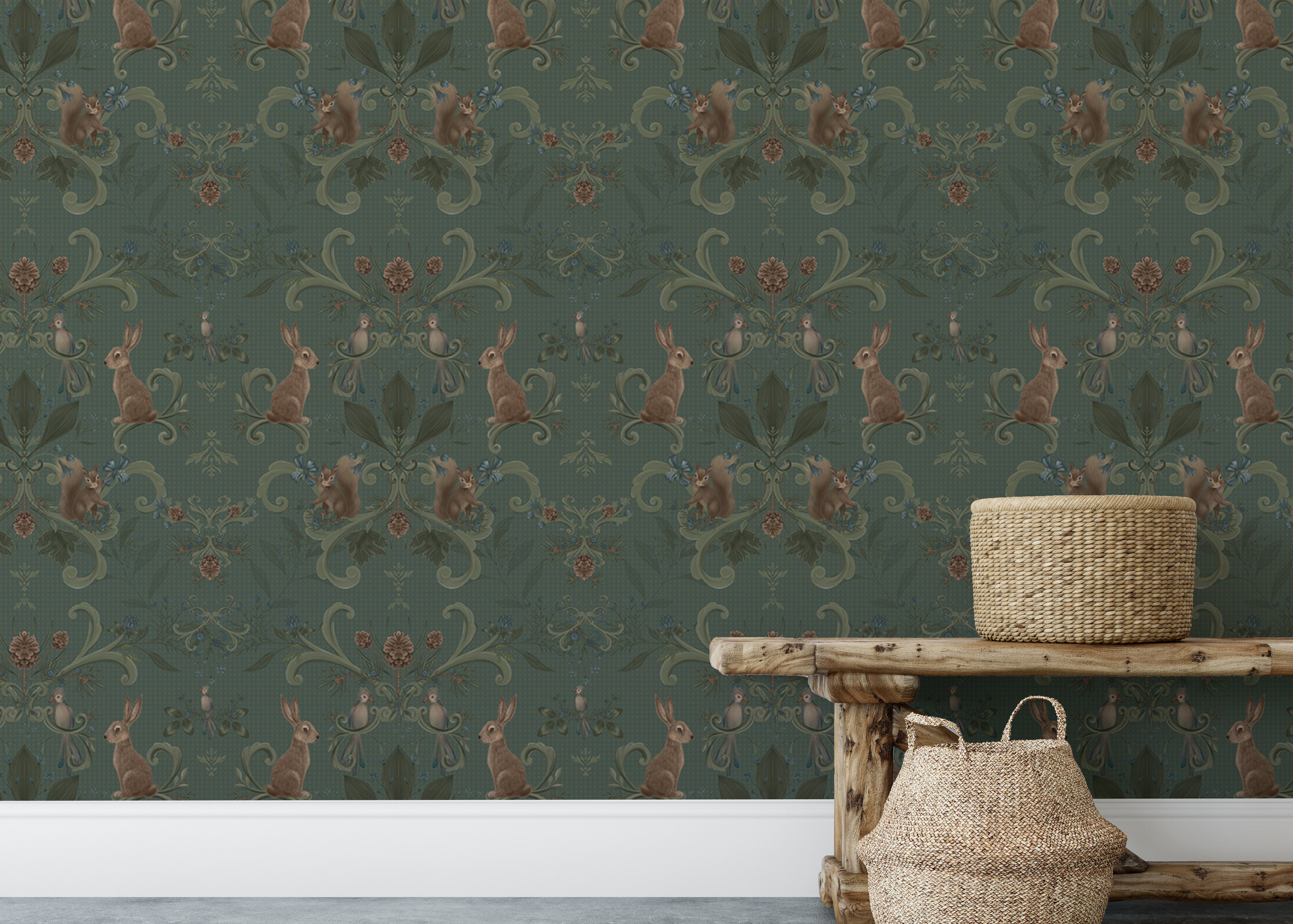 Woodland animal wallpaper in a Victorian-inspired design