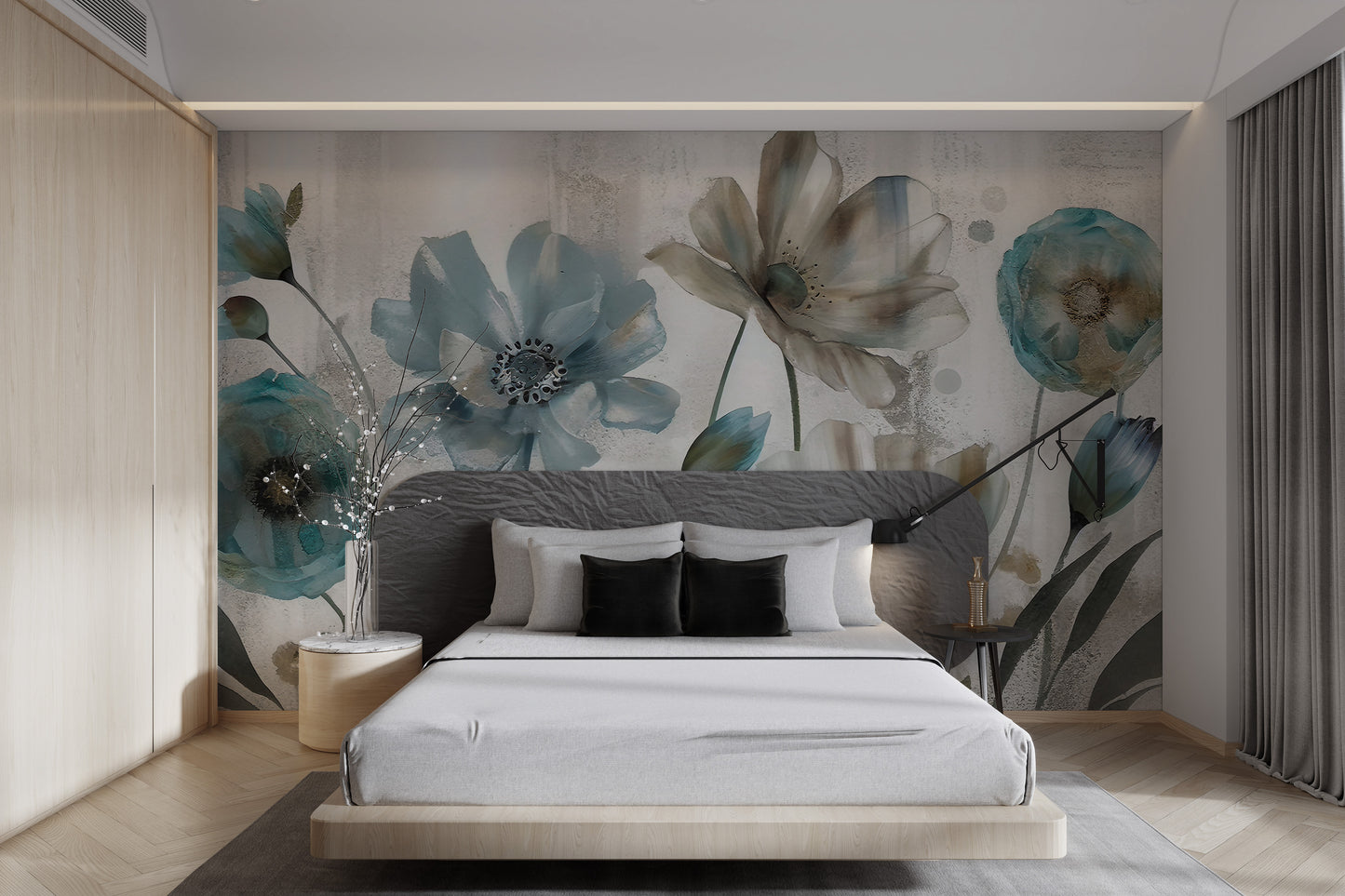 Modern abstract floral wallpaper in muted tones
