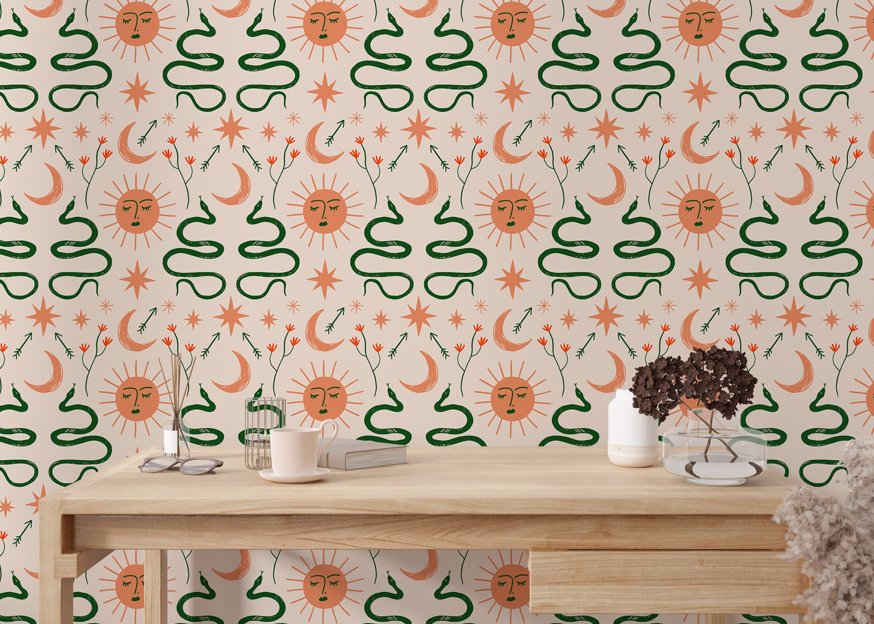 Vector snakes and celestial Boho wall design.