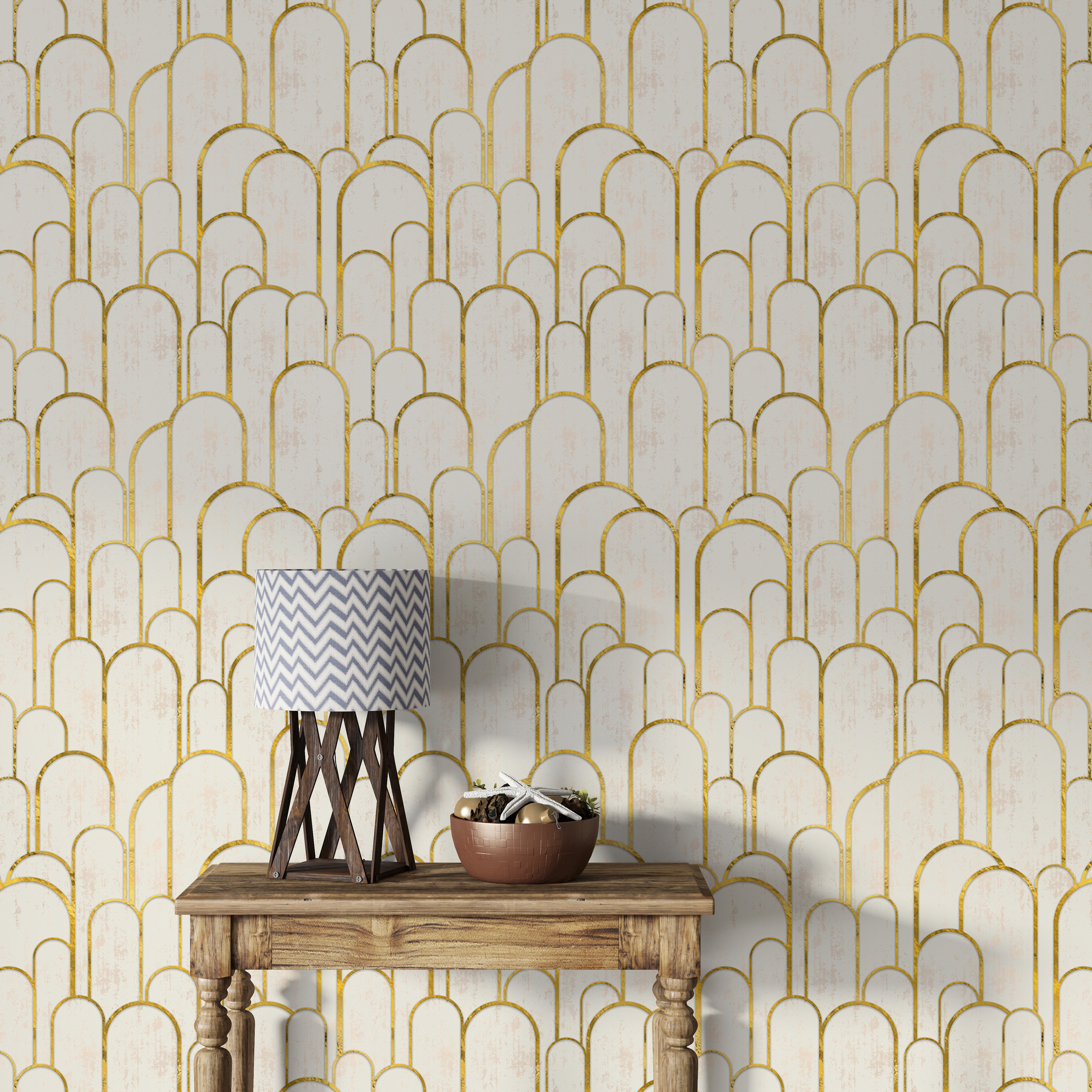 Elegant gold Deco archway design wallpaper.