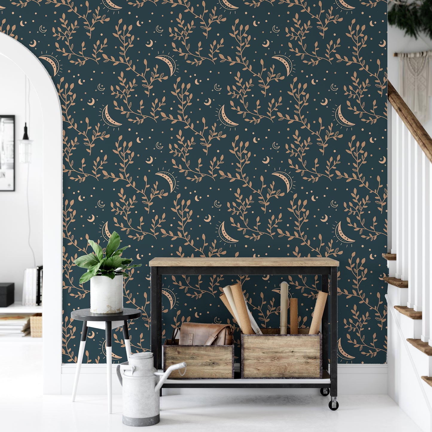 Esoteric Crescent Moon and Floral Background Wallpaper For Walls