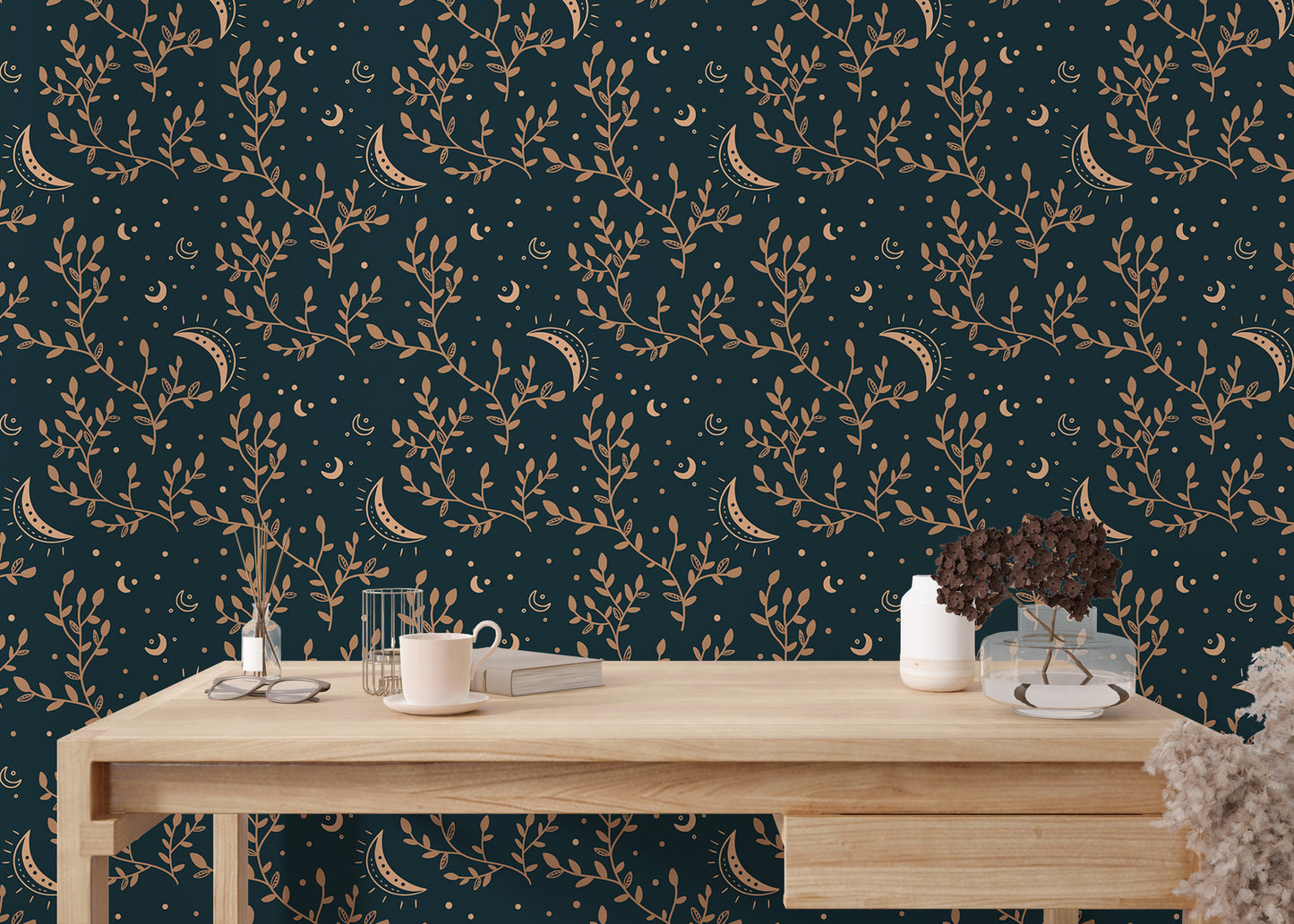 Esoteric Crescent Moon and Floral Background Wallpaper For Walls