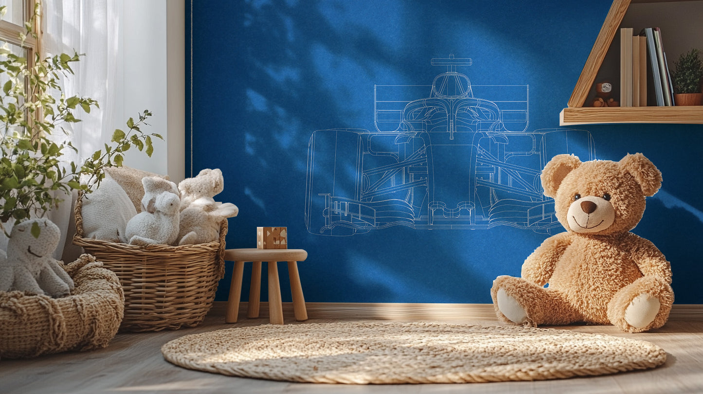 F1 car blueprint mural for automotive decor
