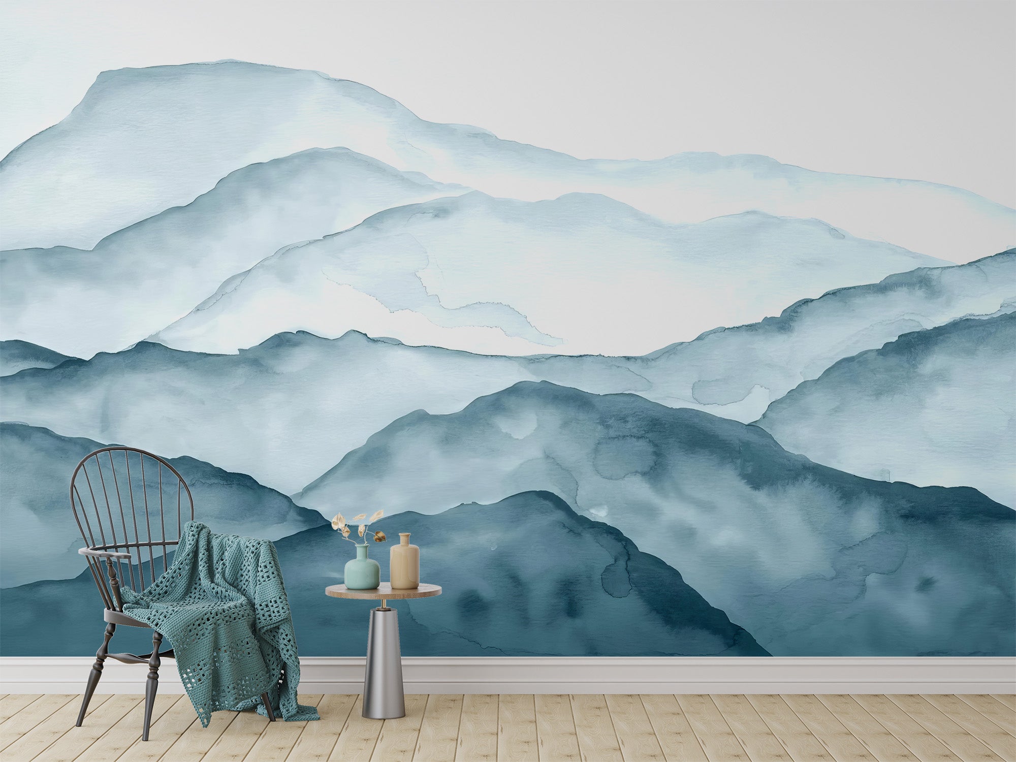 Wallpaper mural featuring misty mountain peaks at dawn
