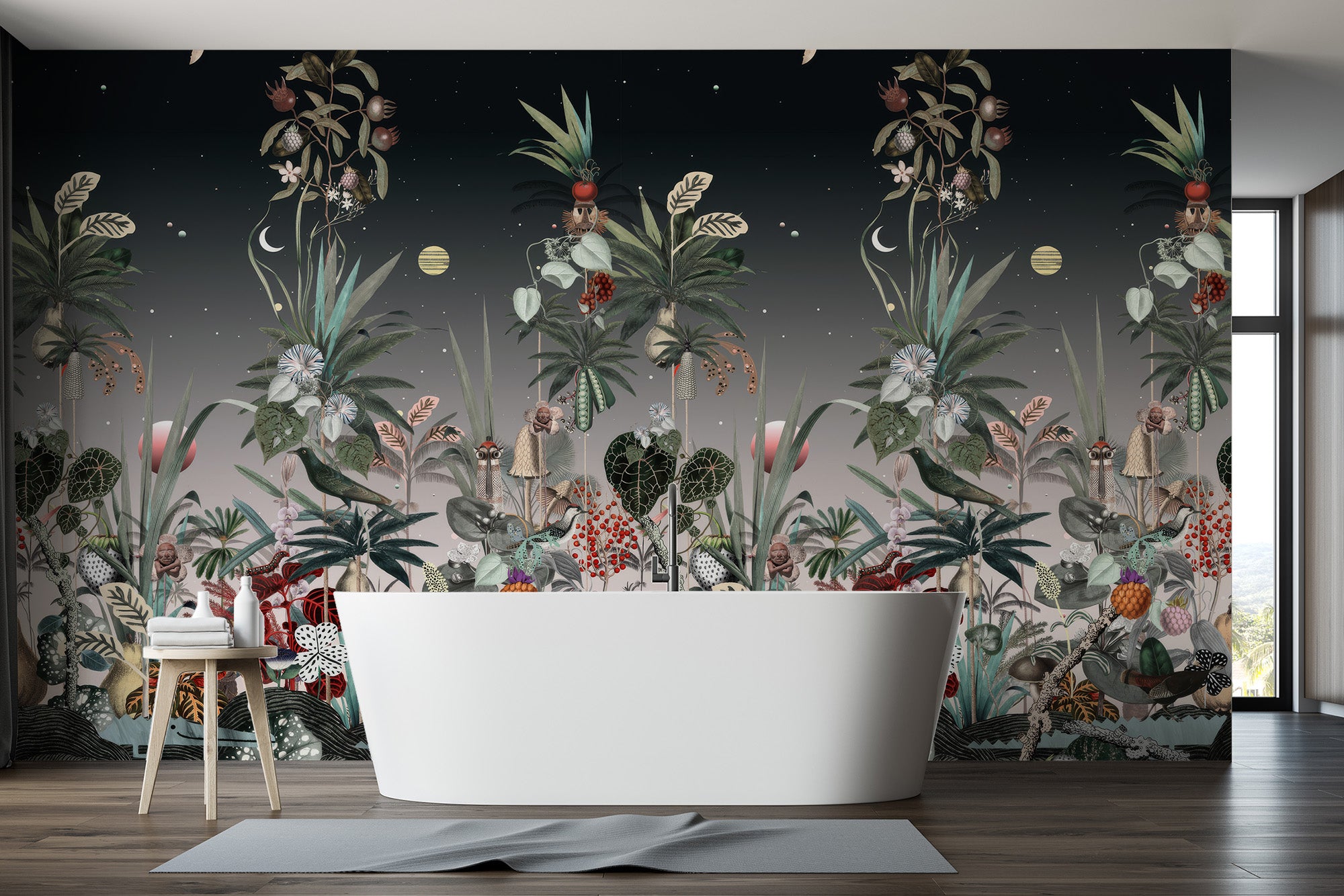 Fantasy-inspired botanical wallpaper featuring detailed fruits, tropical leaves, and flowers set against a serene night gradient.