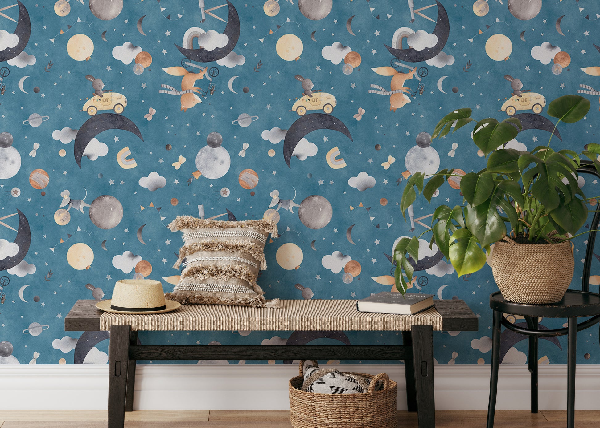 Adorable space-themed wallpaper with fox and mouse details