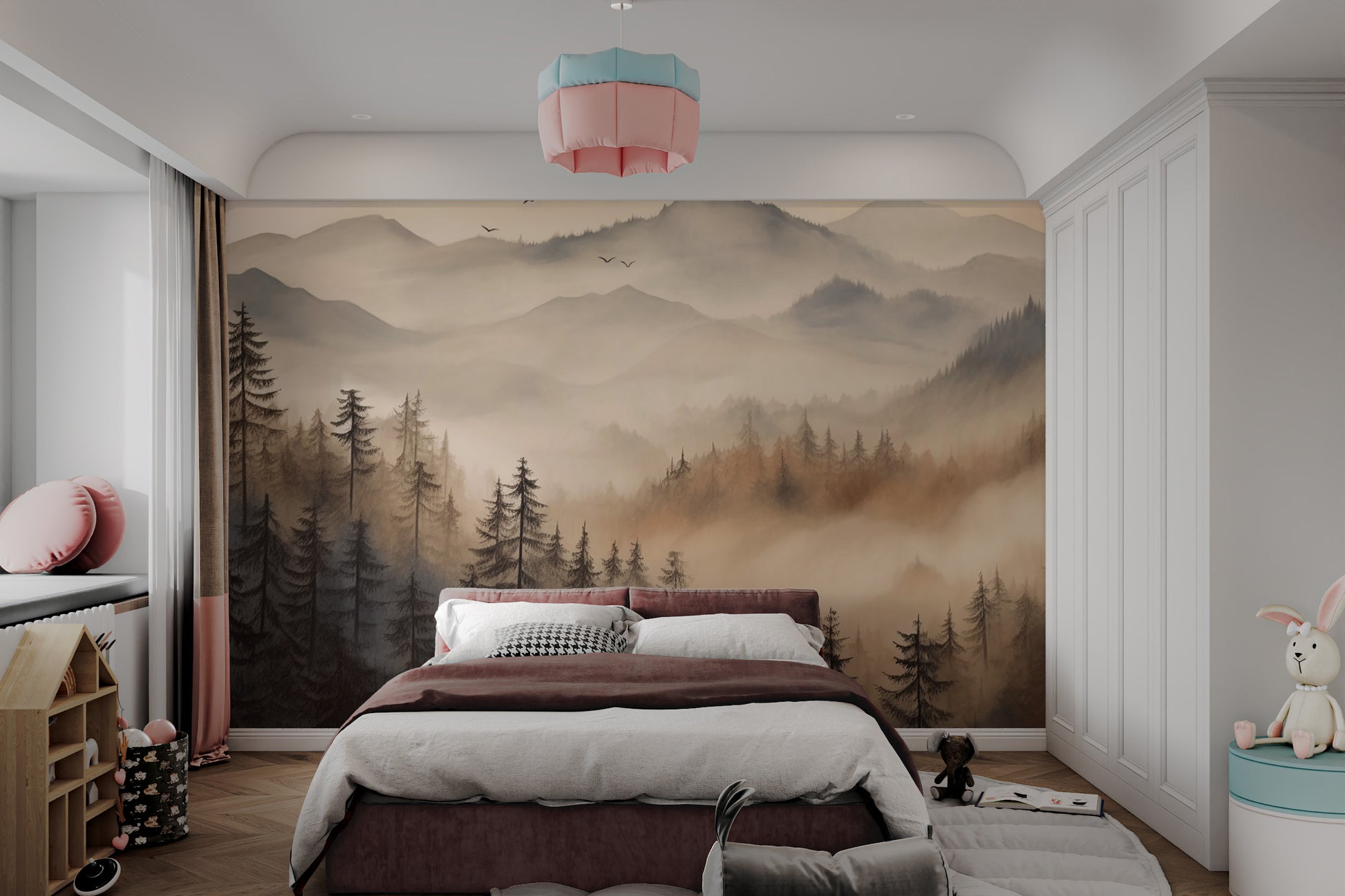 Dreamy foggy forest mural with earthy tones