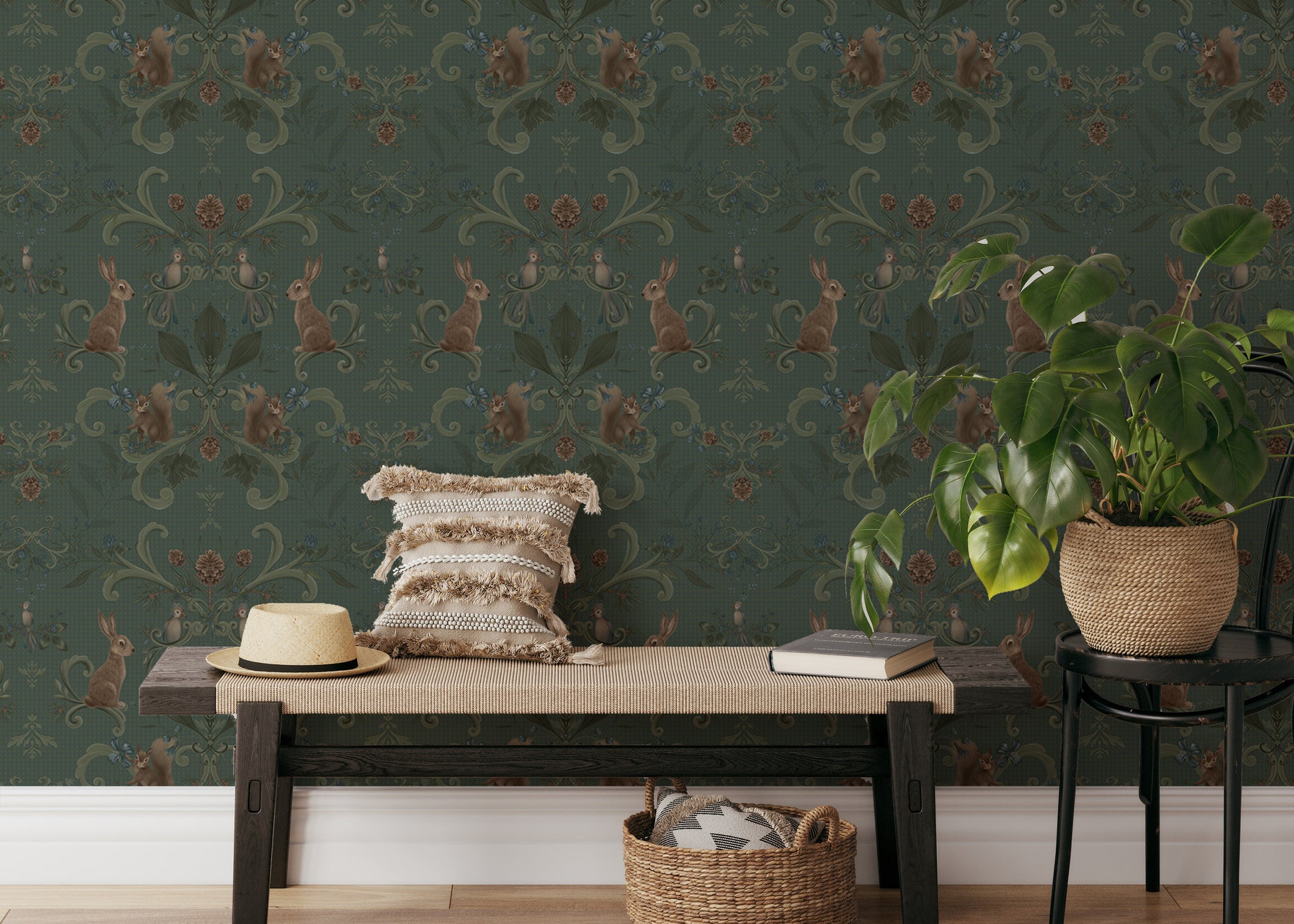 Victorian-style wallpaper featuring woodland animals in green