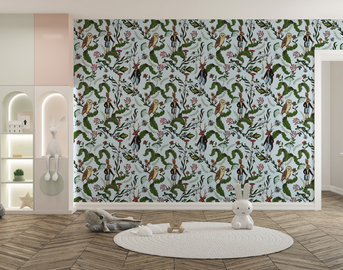 Forest animals rabbit owl wallpaper mural
