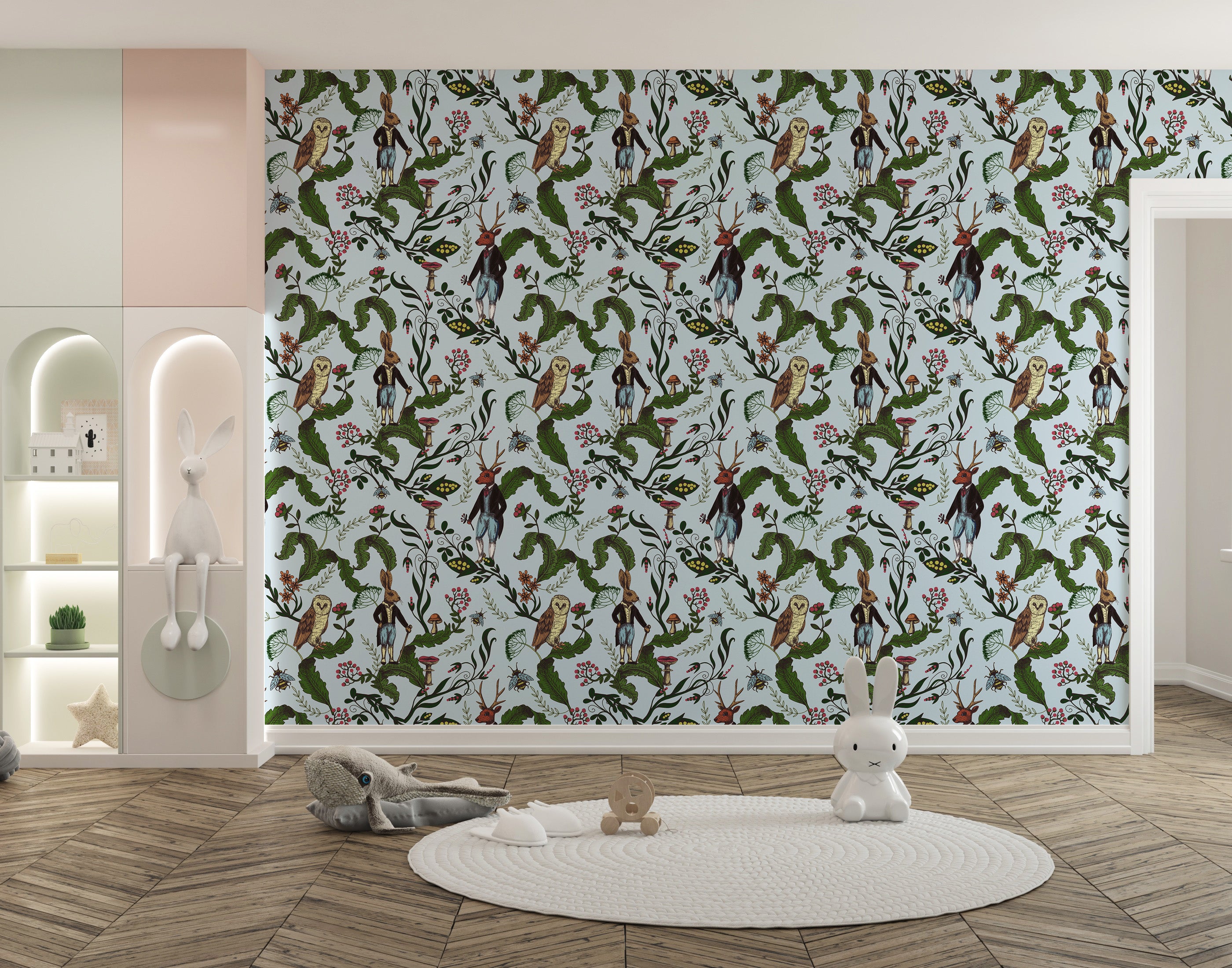 Forest animals rabbit owl wallpaper mural
