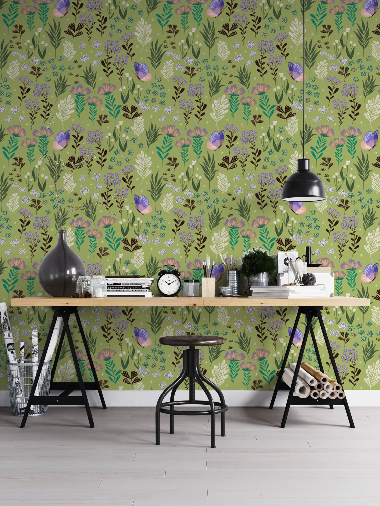 Butterfly meadow pattern for serene green wall decor
