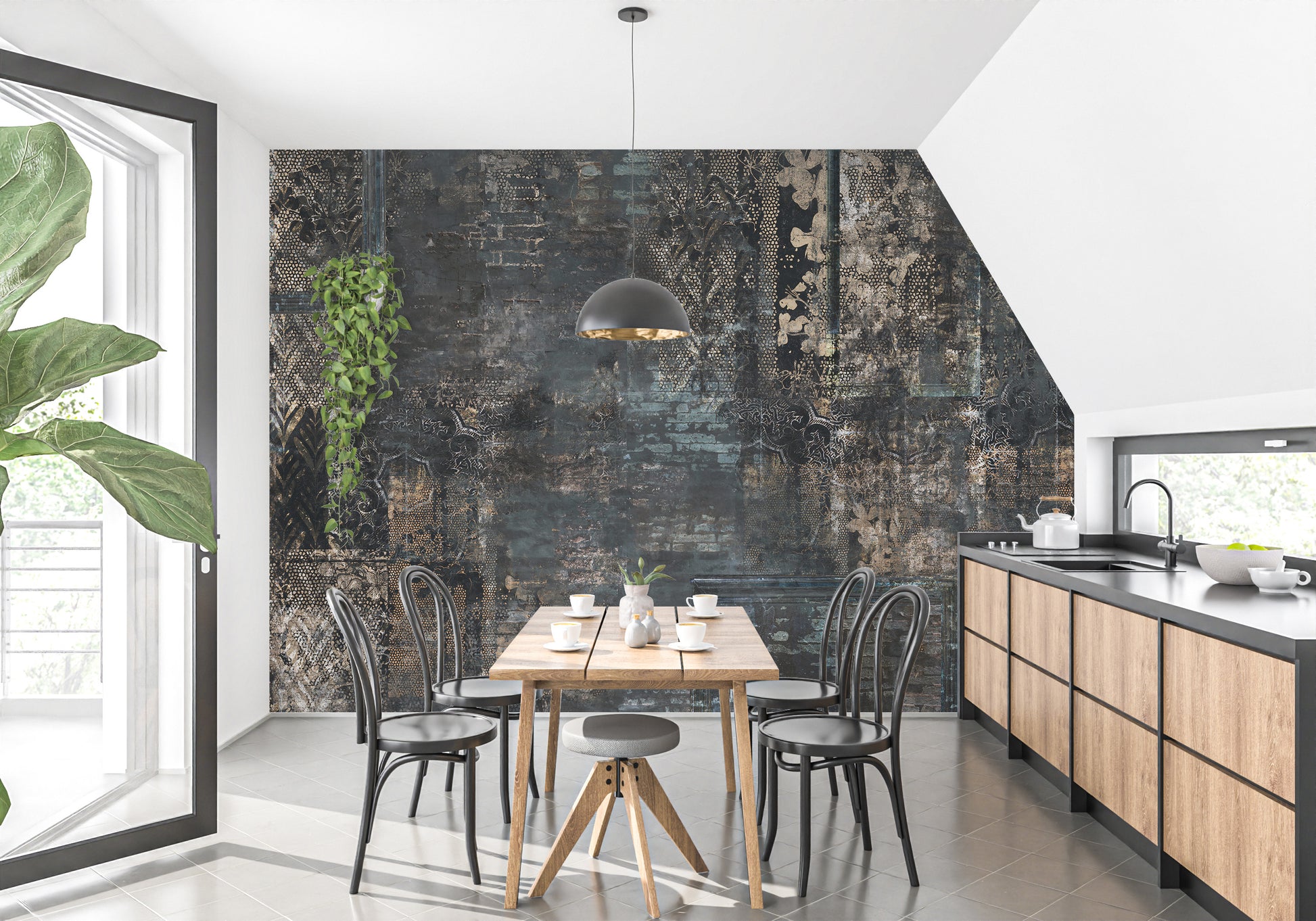 Artistic plaid pattern mural exuding a playful, modern vibe