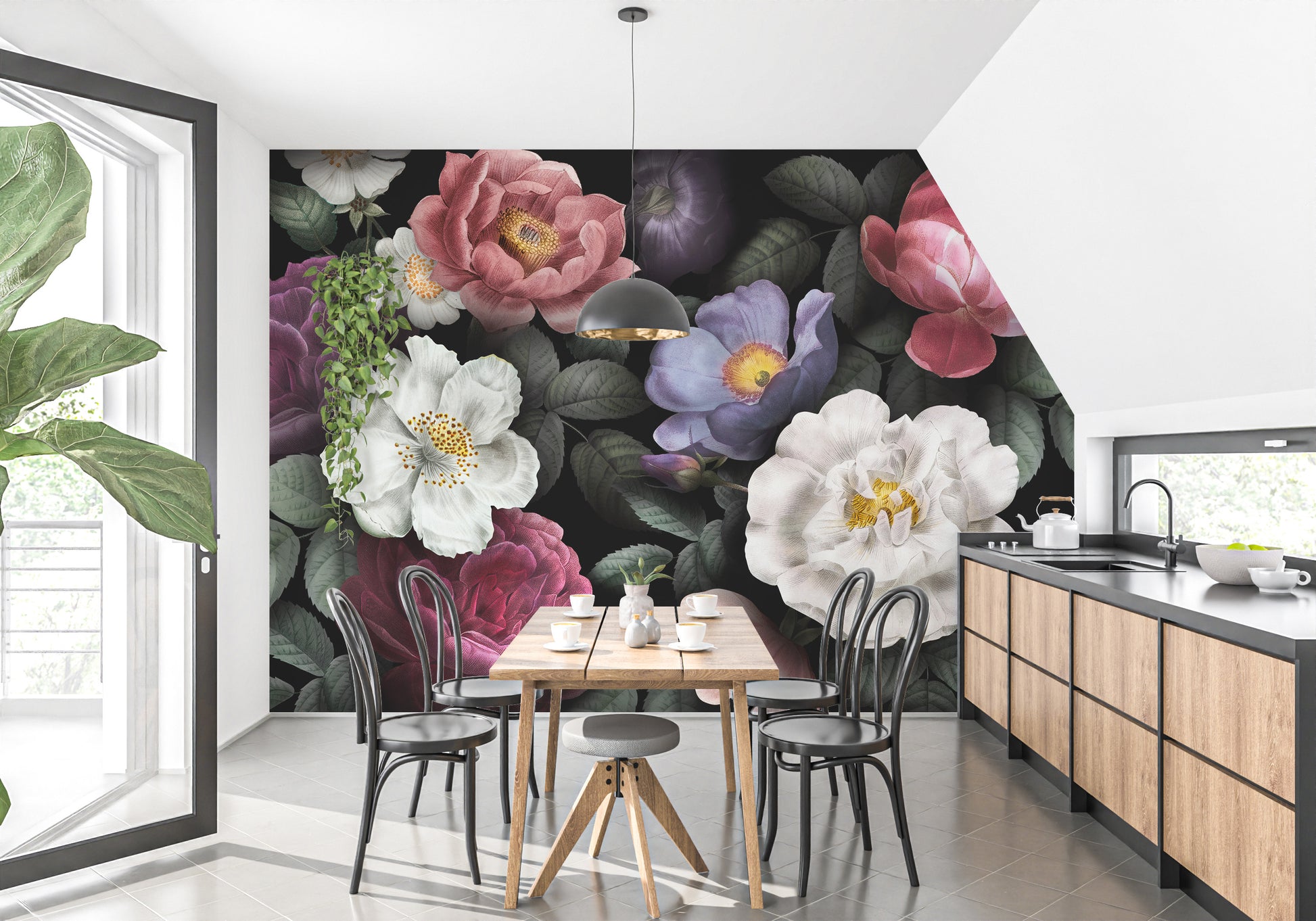 Dramatic floral wallpaper in dark tones
