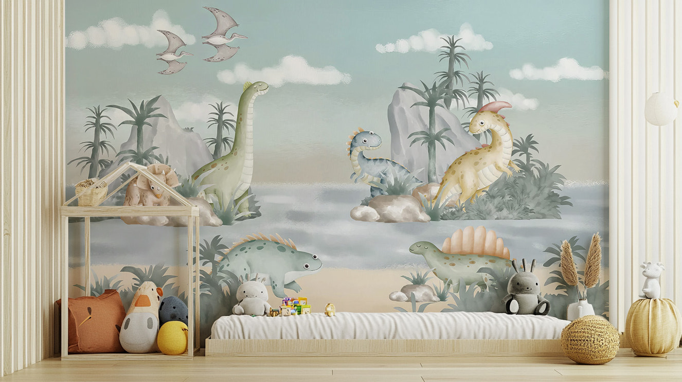 Kids dinosaur hills wall mural with playful dino scenes
