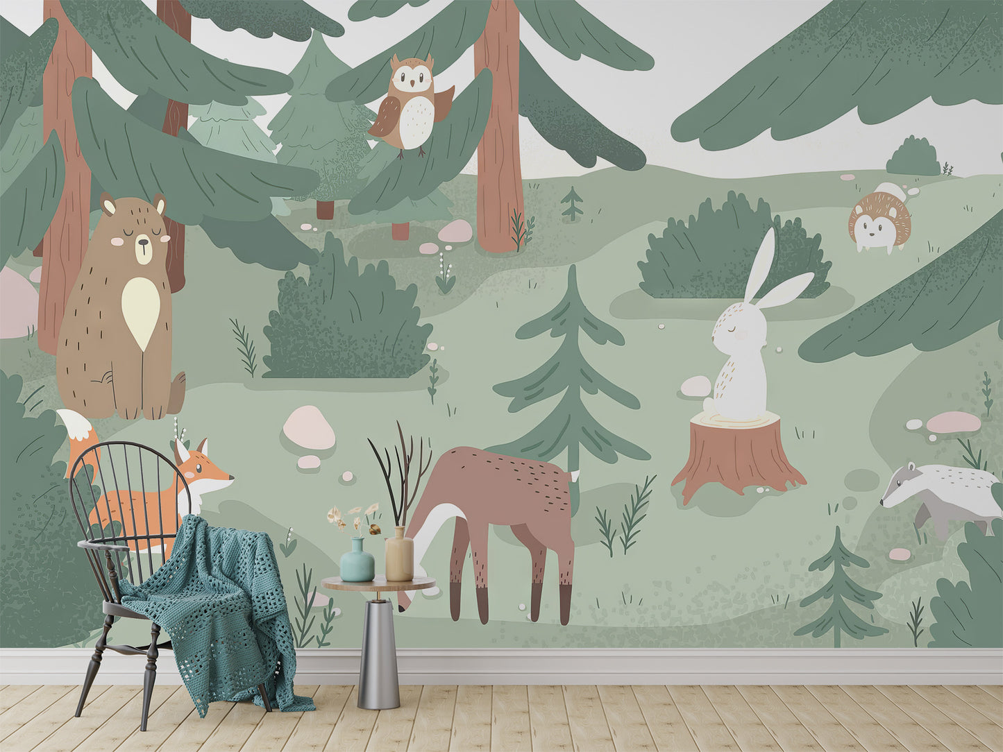 Kids wallpaper mural with colorful forest animal illustrations
