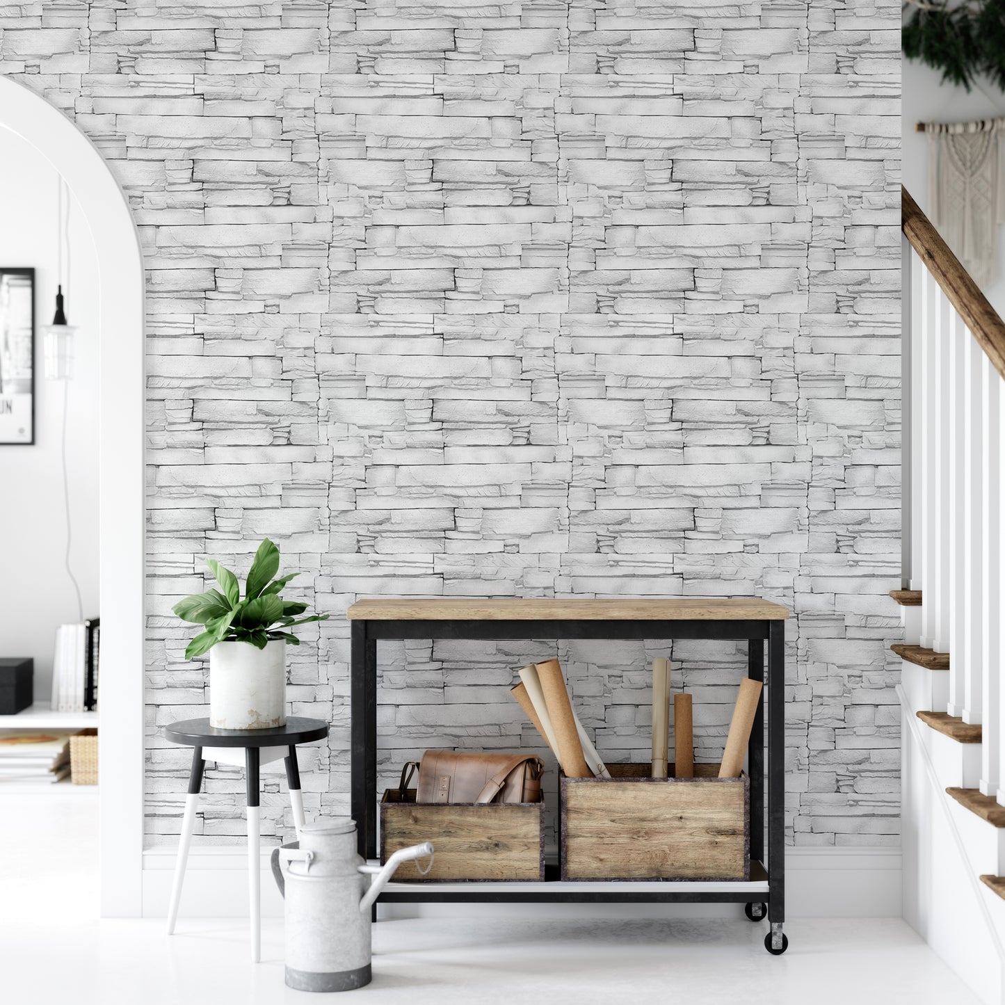 White Color Limestone Decorative Pattern Aligned Masonry Wallpaper