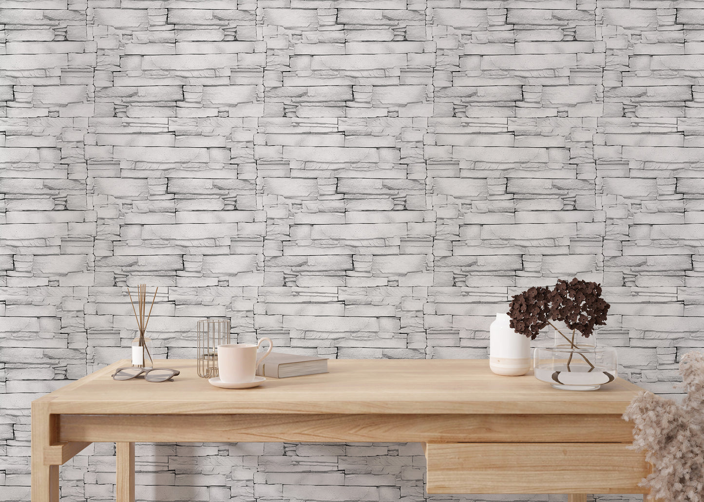 White Color Limestone Decorative Pattern Aligned Masonry Wallpaper