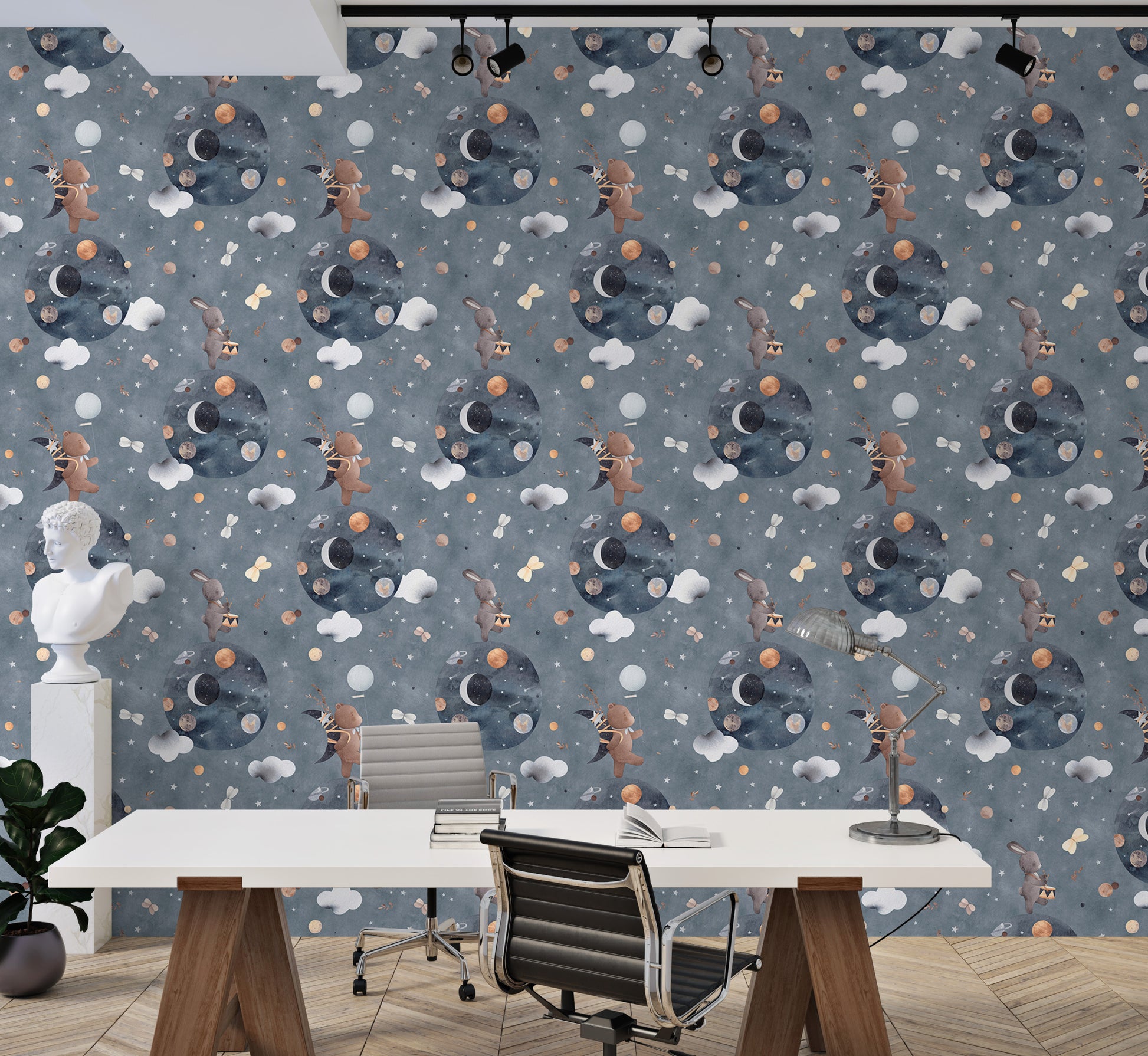 Bunny and bear exploring space in charming wallpaper