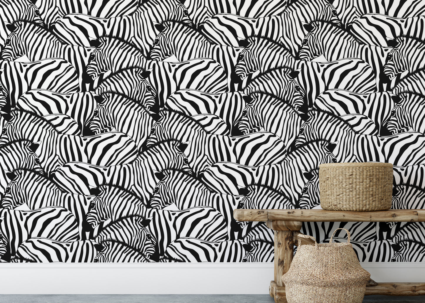 Zebra-themed wallpaper in classic black and white tones