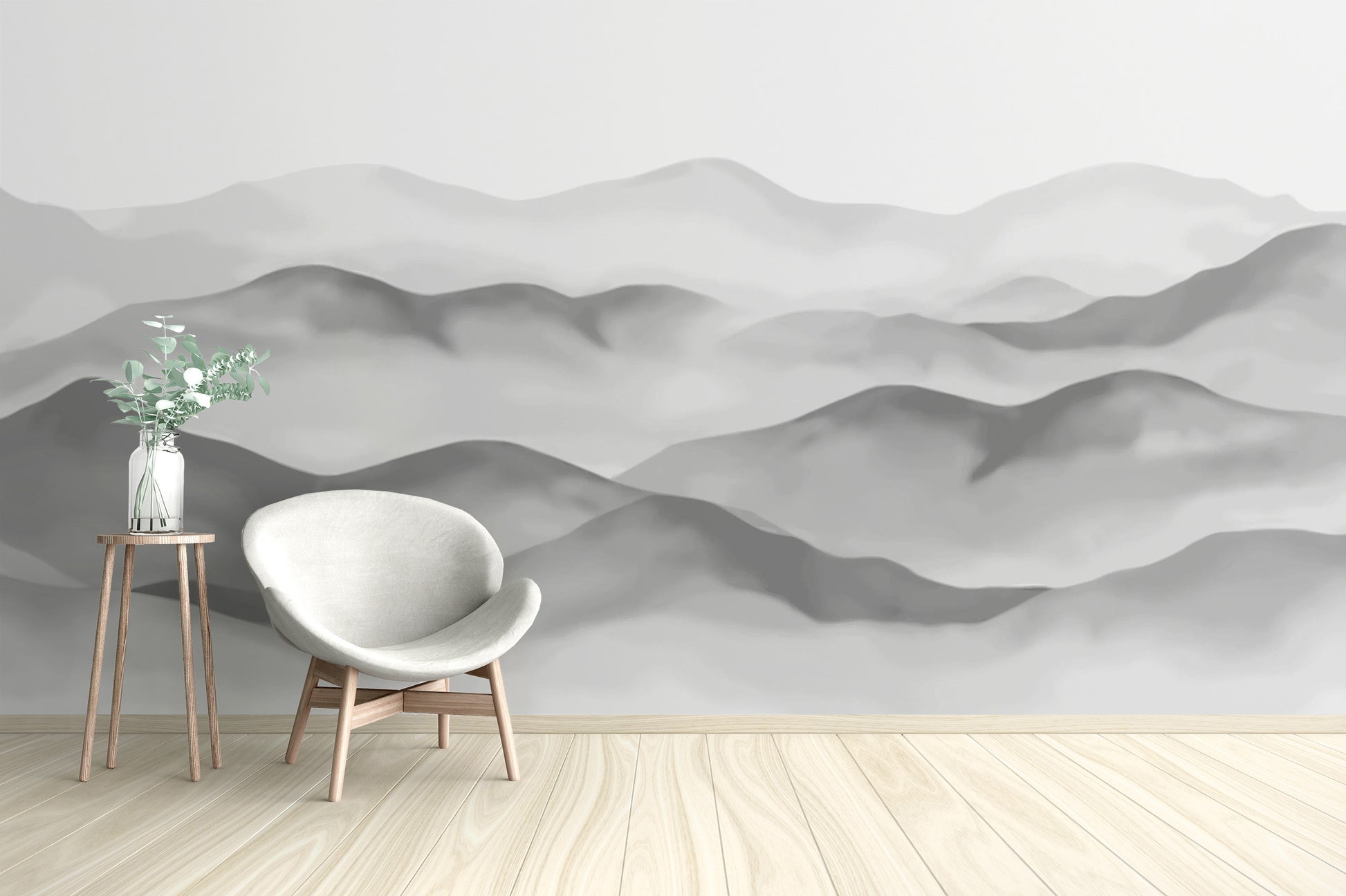 Artistic gray watercolor peaks mural for serene interiors
