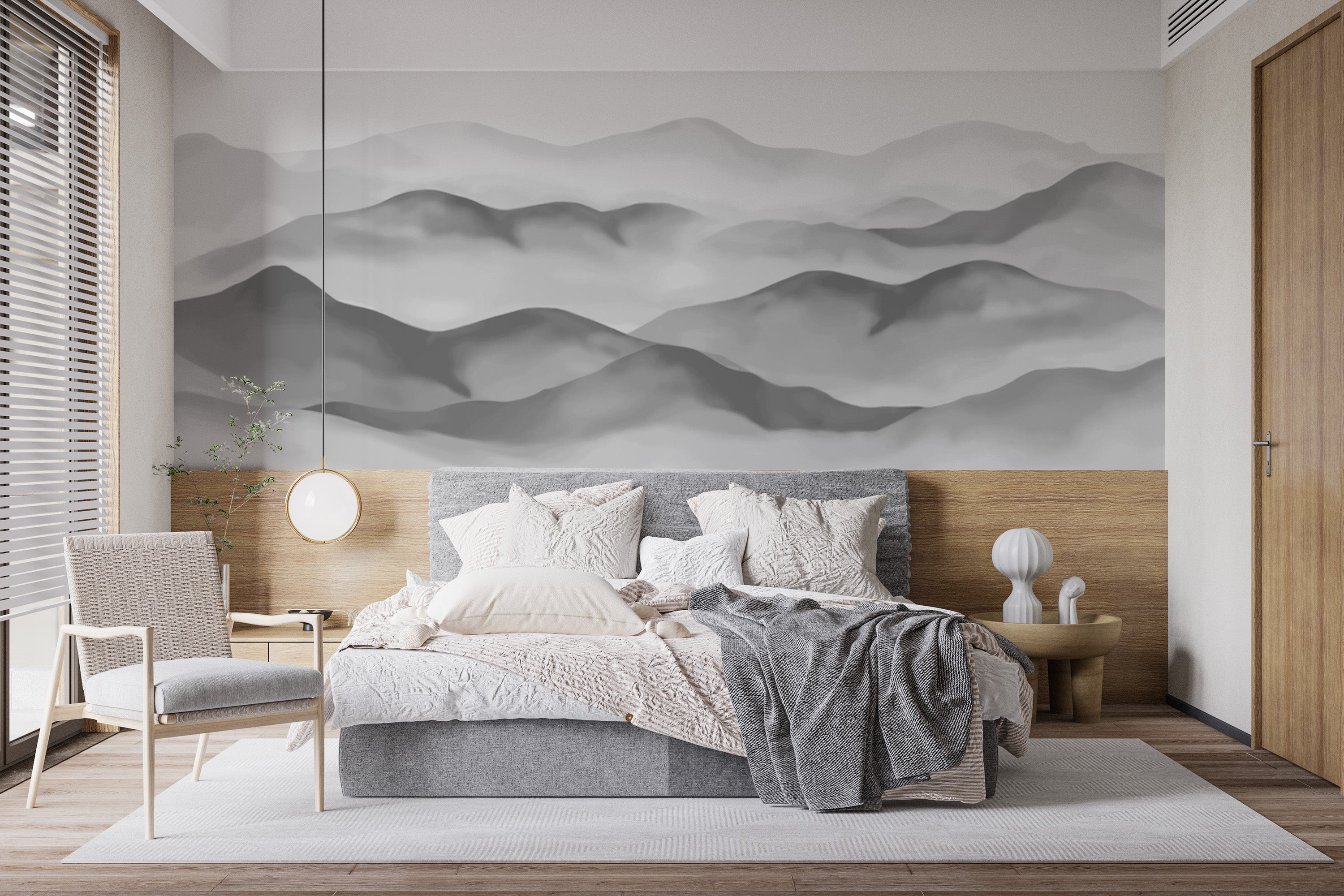 Gray watercolor mountain peaks wallpaper for tranquil decor
