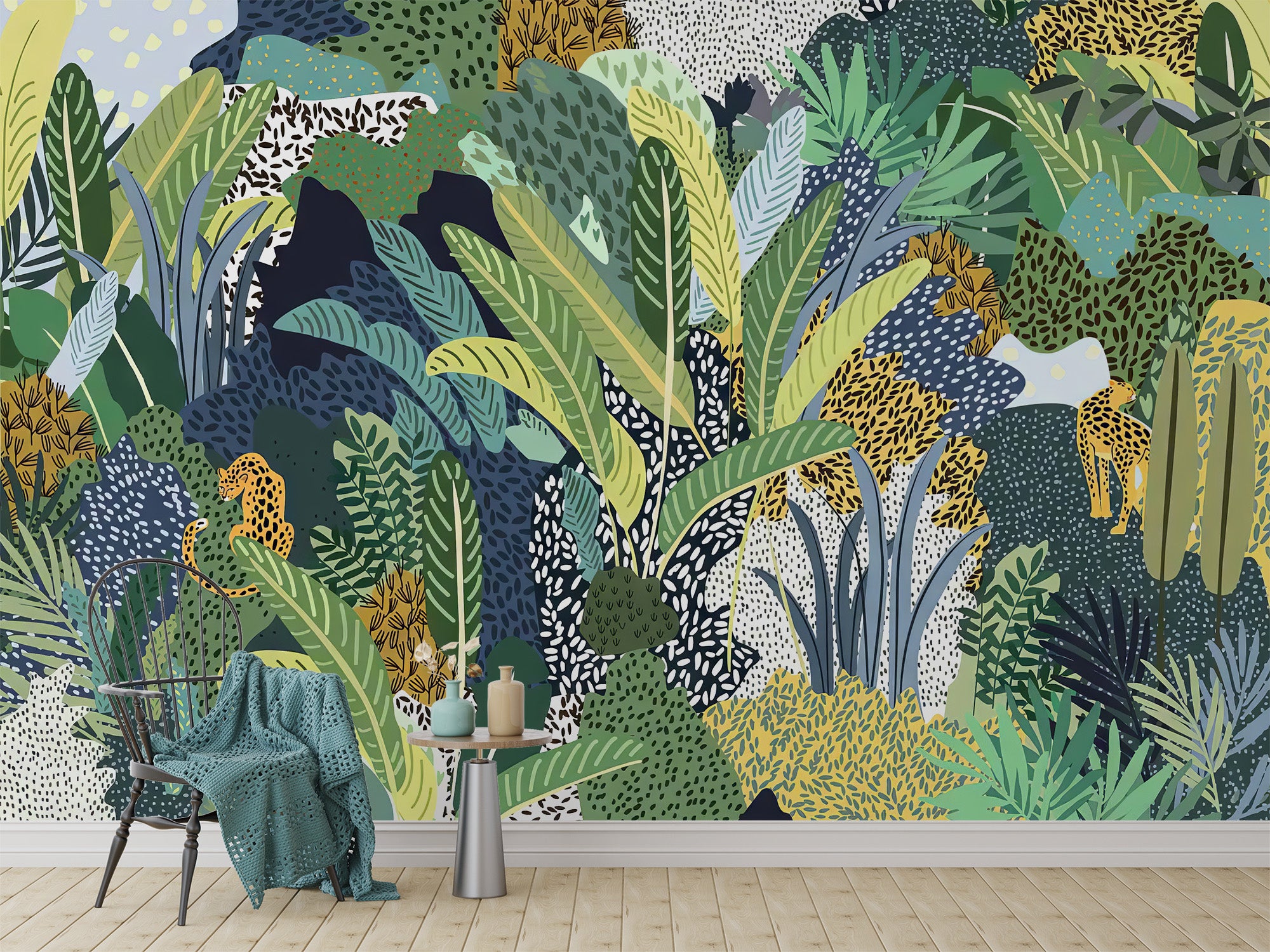 Jungle-inspired mural with a striking and fierce jungle cat
