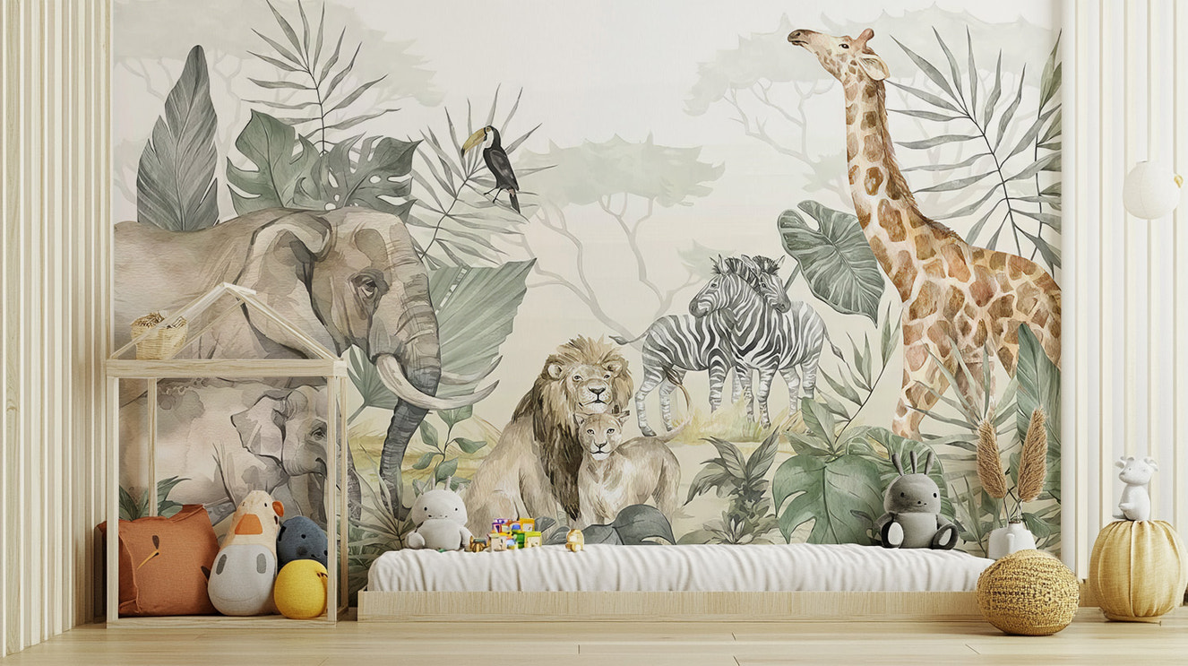 Jungle animal wallpaper mural with vibrant tropical designs
