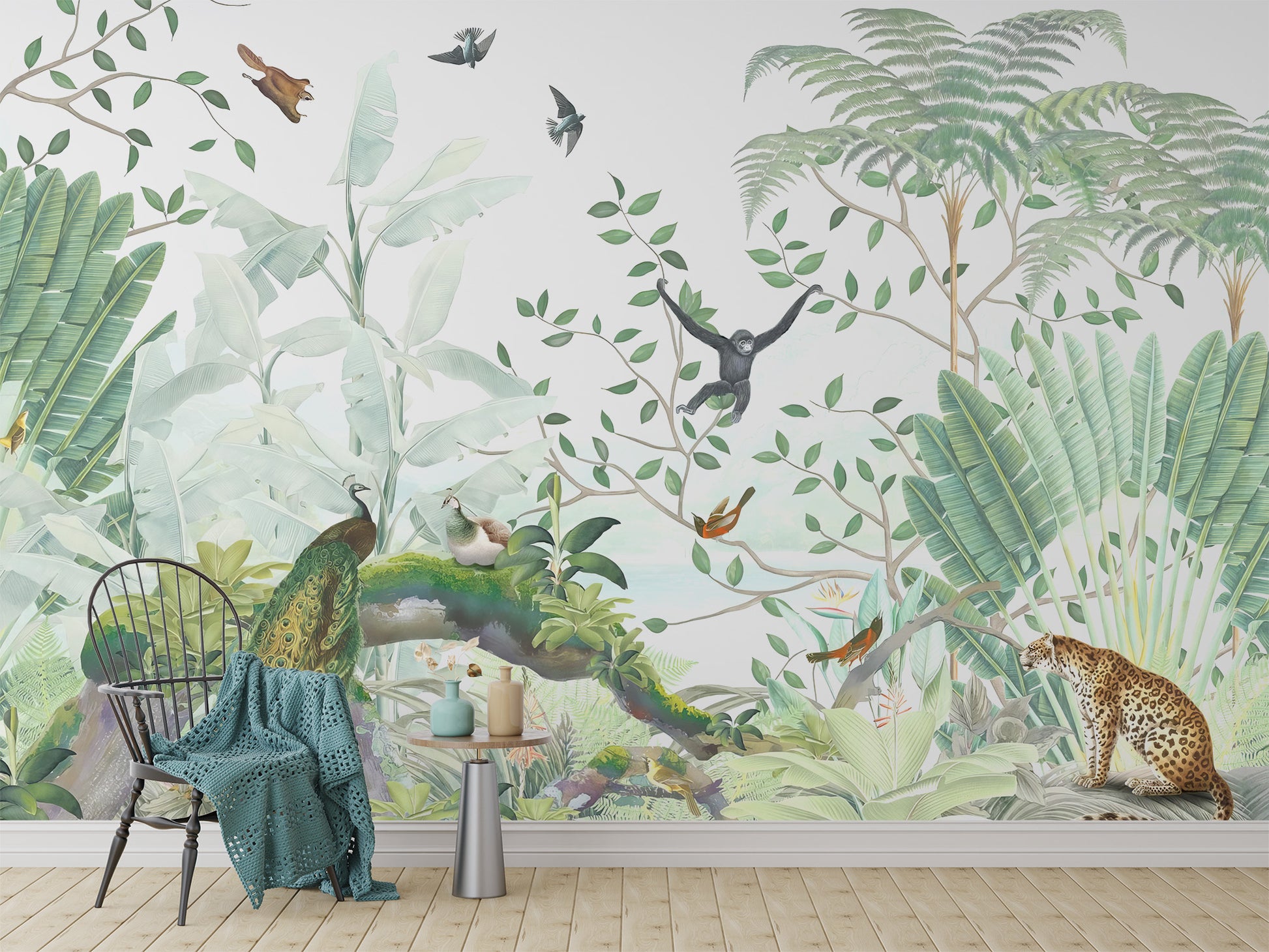 Jungle-themed nursery wallpaper with playful tropical designs
