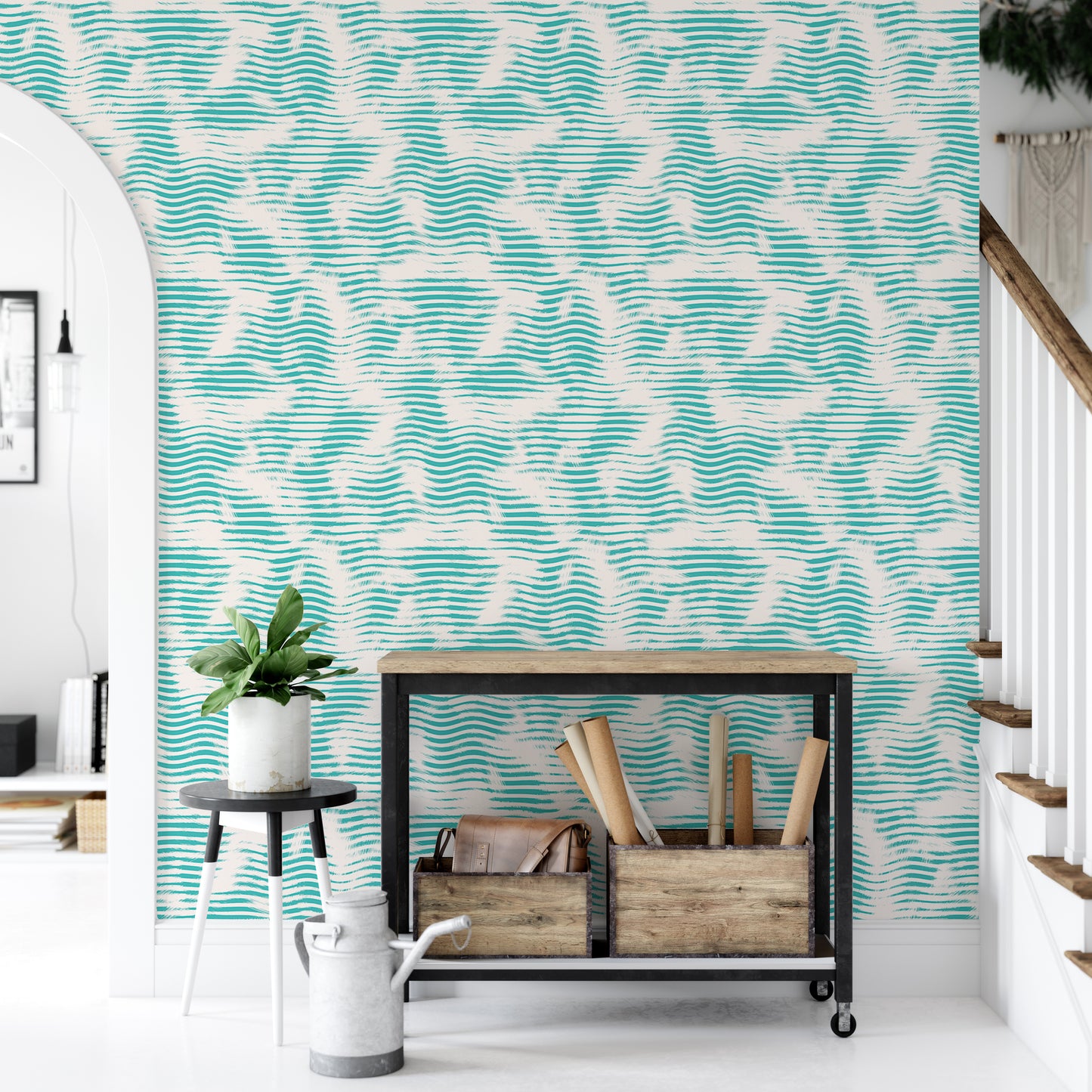 Aegean Teal Broken Stripe Grunge Wave Wallpaper For Walls