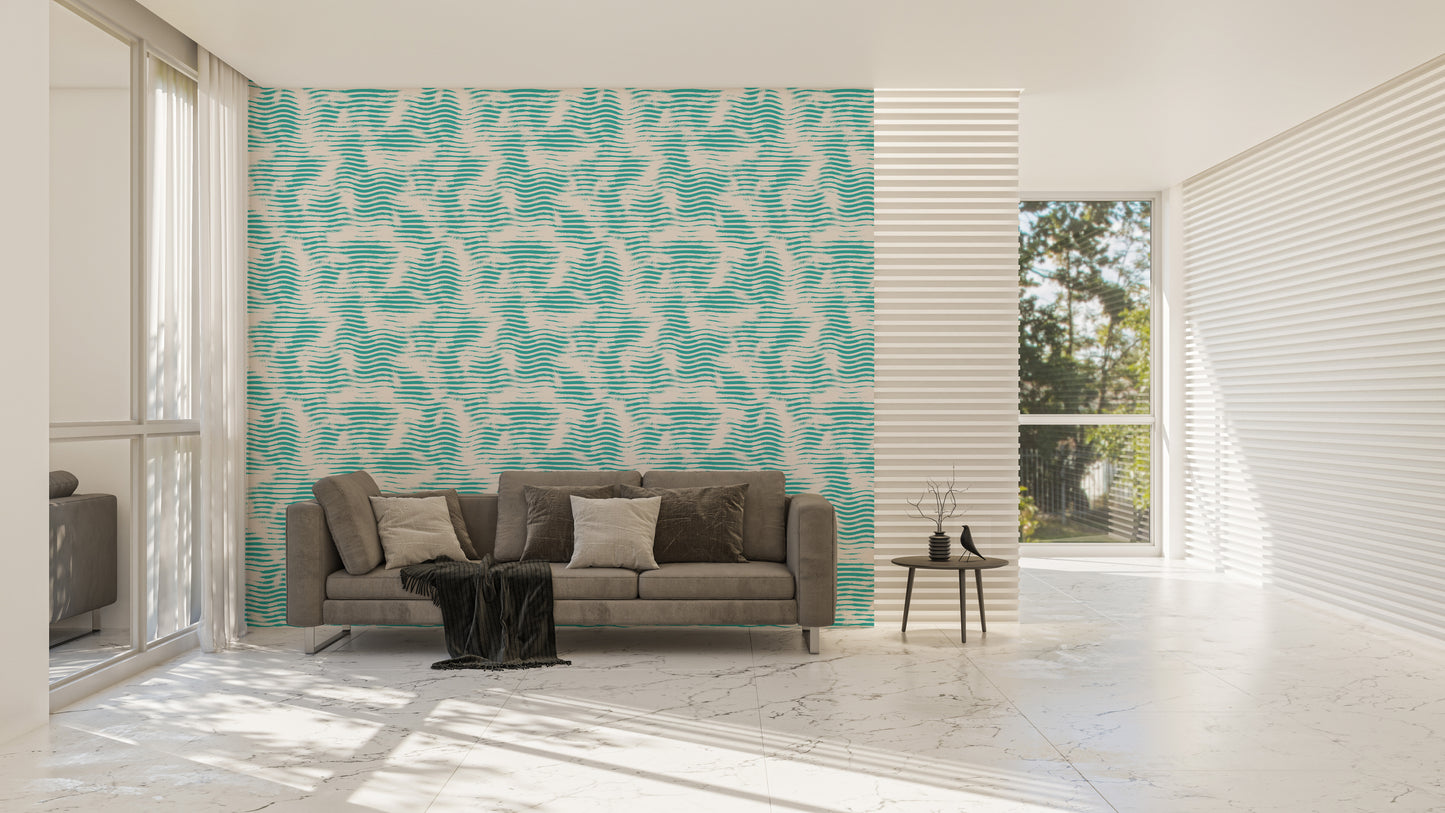 Aegean Teal Broken Stripe Grunge Wave Wallpaper For Walls