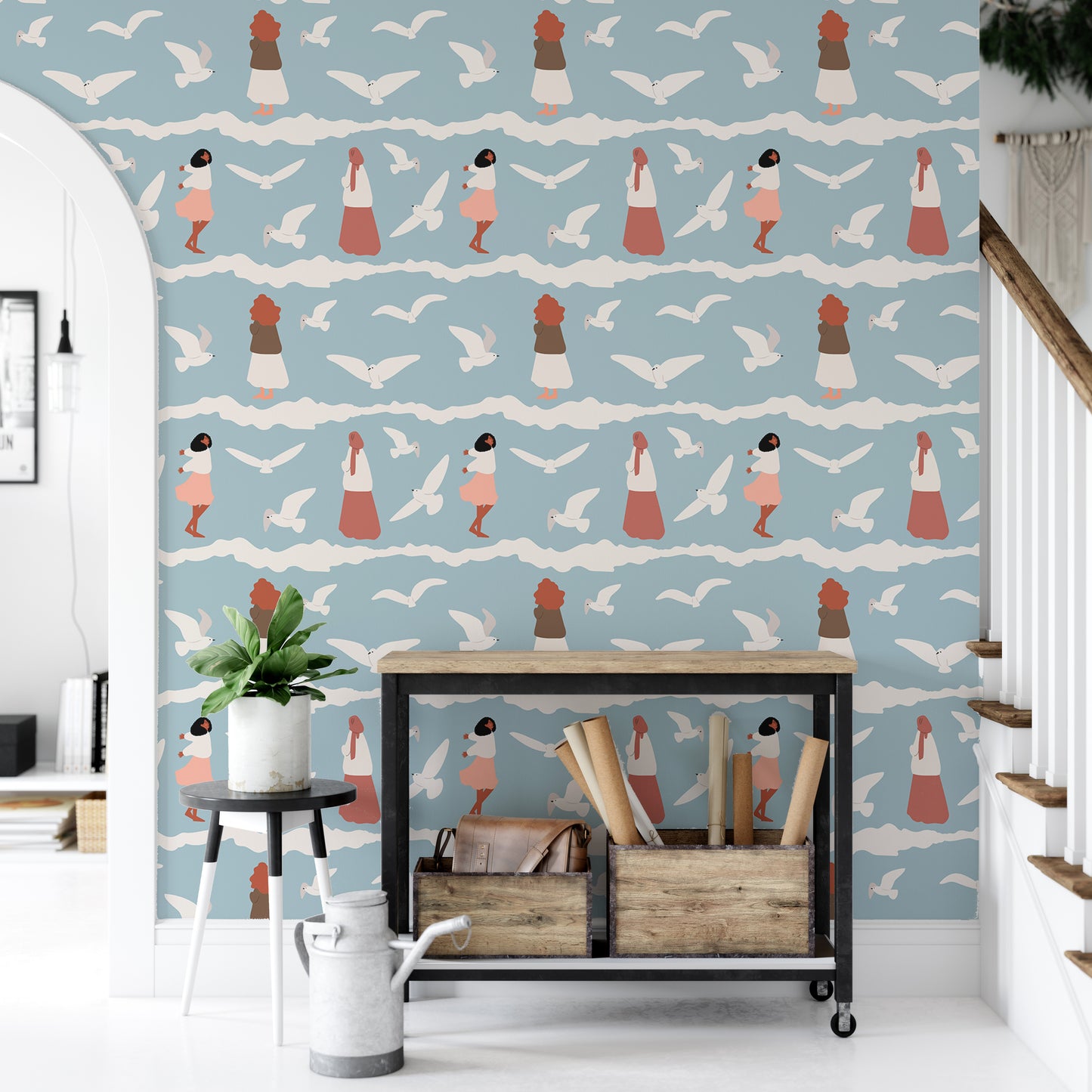 Coastal Repeat Pattern Flying Seagull Birds Kids Wallpaper