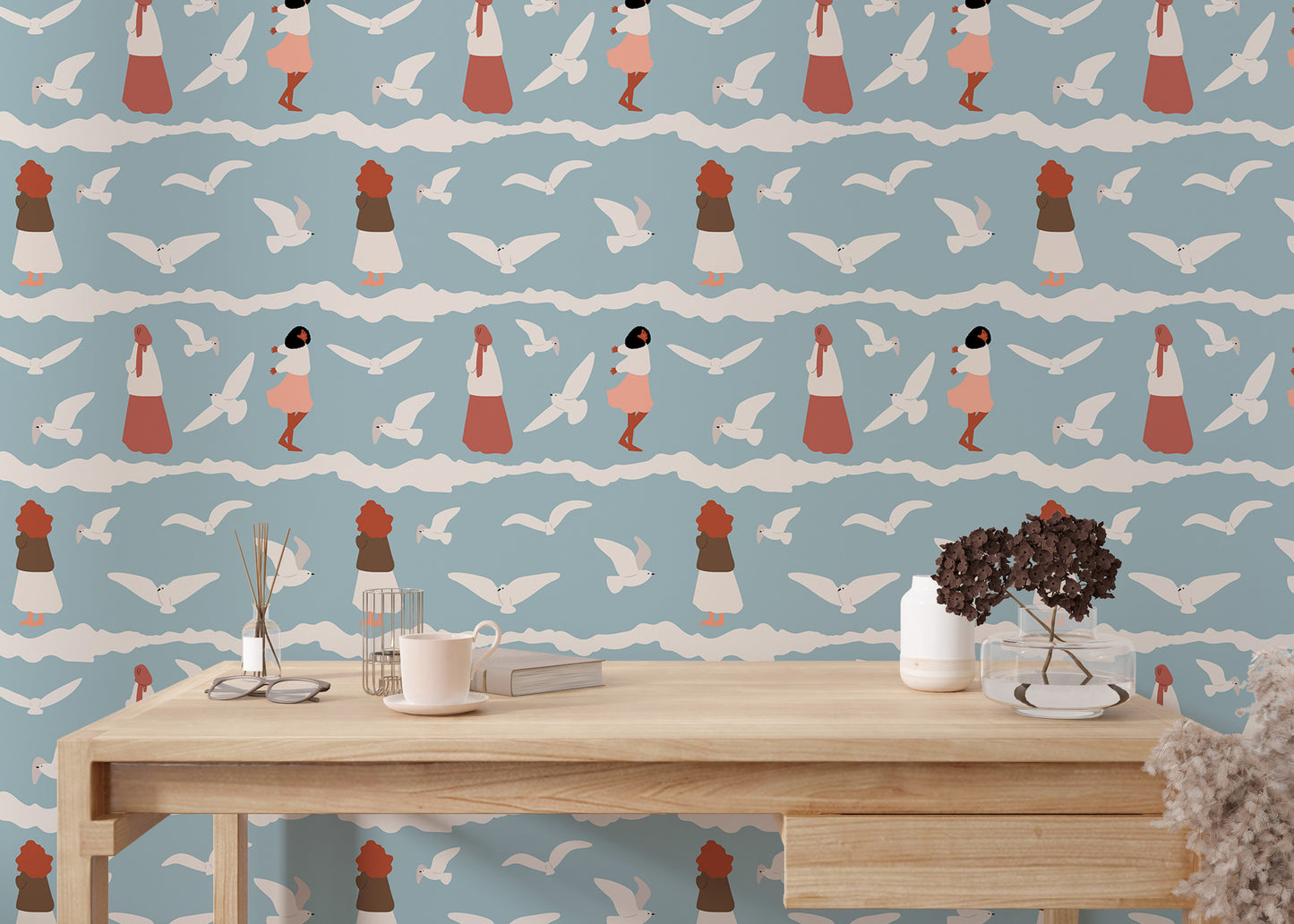 Coastal Repeat Pattern Flying Seagull Birds Kids Wallpaper