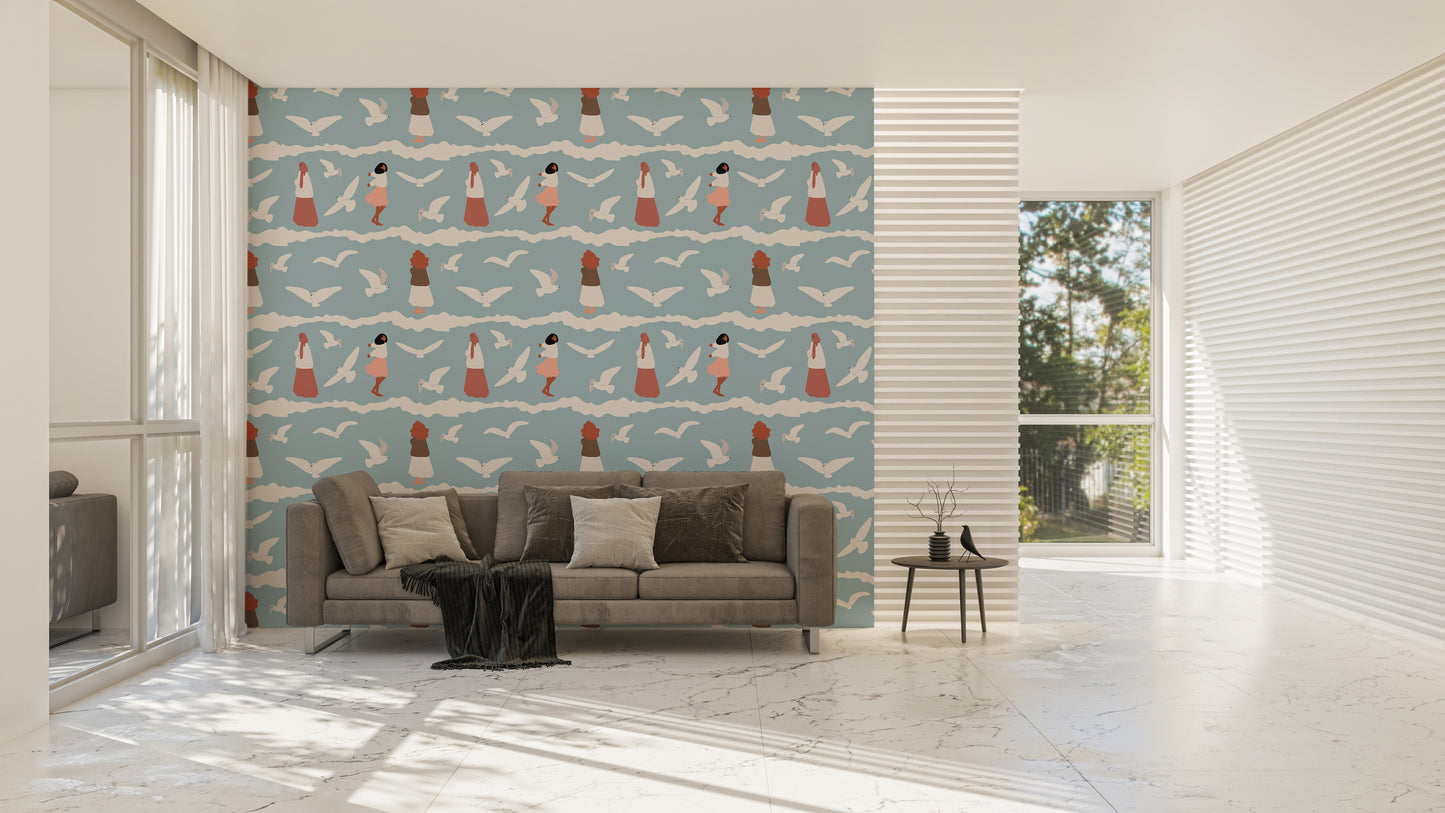 Coastal Repeat Pattern Flying Seagull Birds Kids Wallpaper