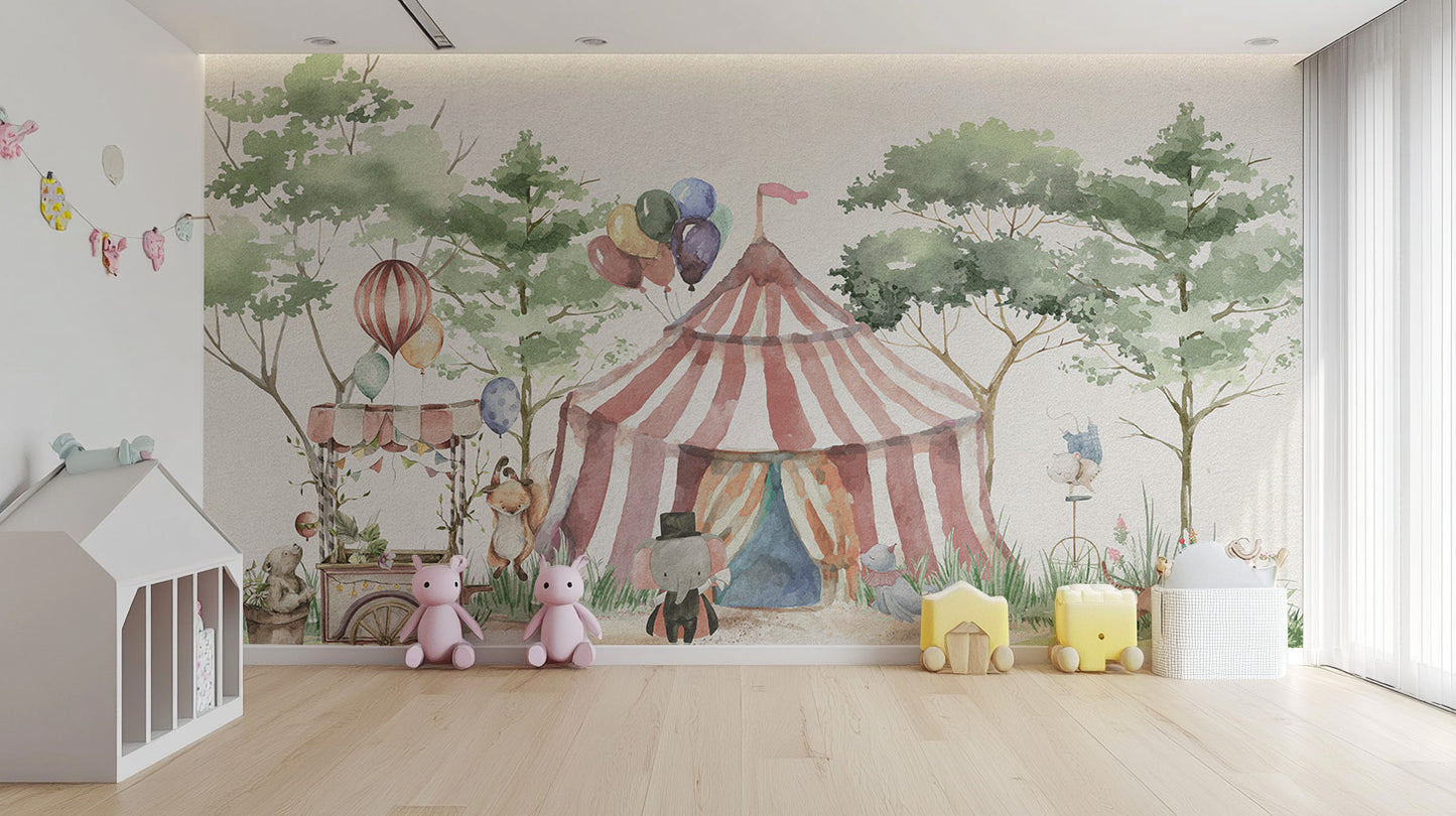 Room wallpaper featuring a colorful circus tent design